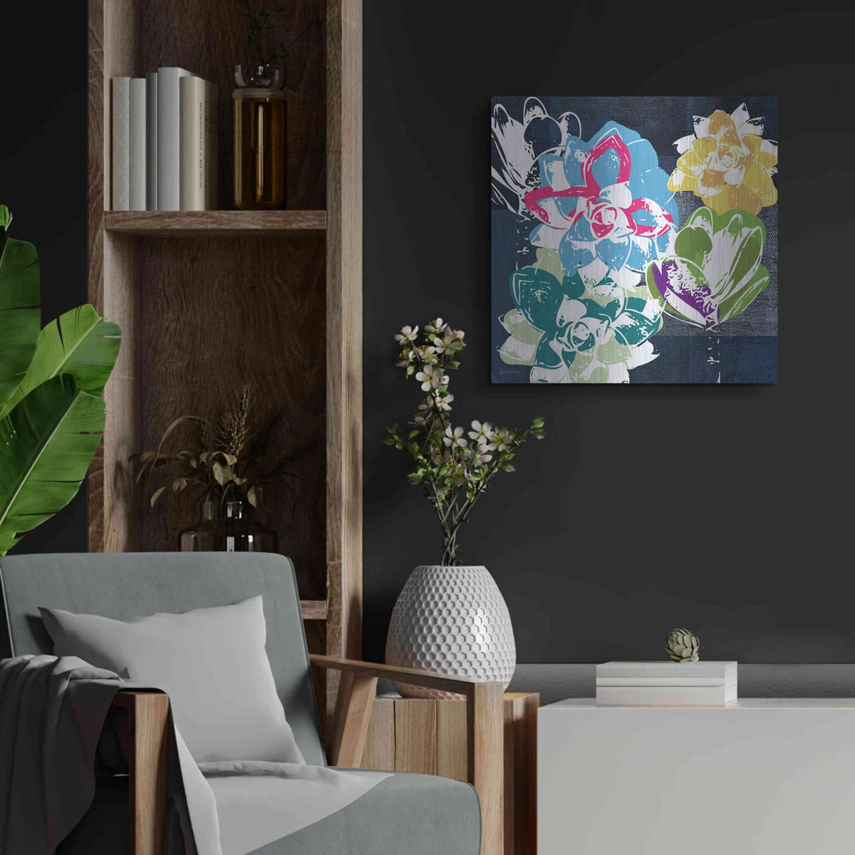 'Colorful Succulents II' by Linda Woods – Metal Wall Art, 24x24 room view