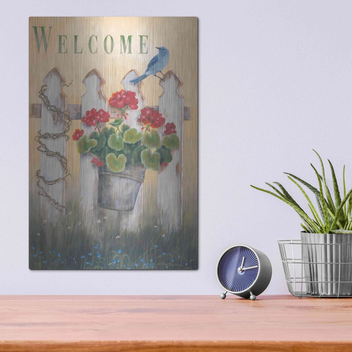 'Geraniums & Pickets' by Pam Britton – Metal Wall Art, 12x16 room view
