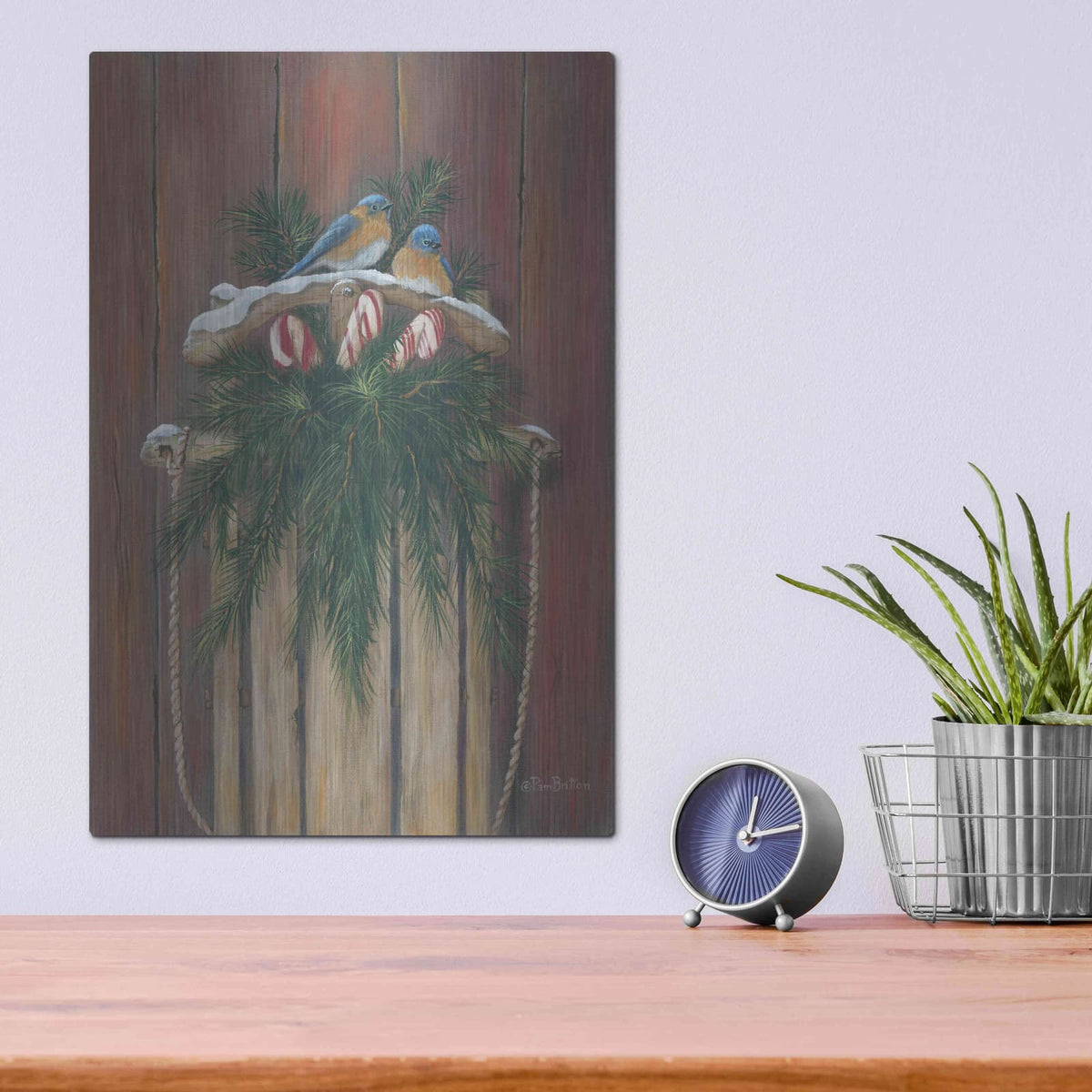 'Bluebirds & Sled' by Pam Britton – Metal Wall Art, 12x16 room view