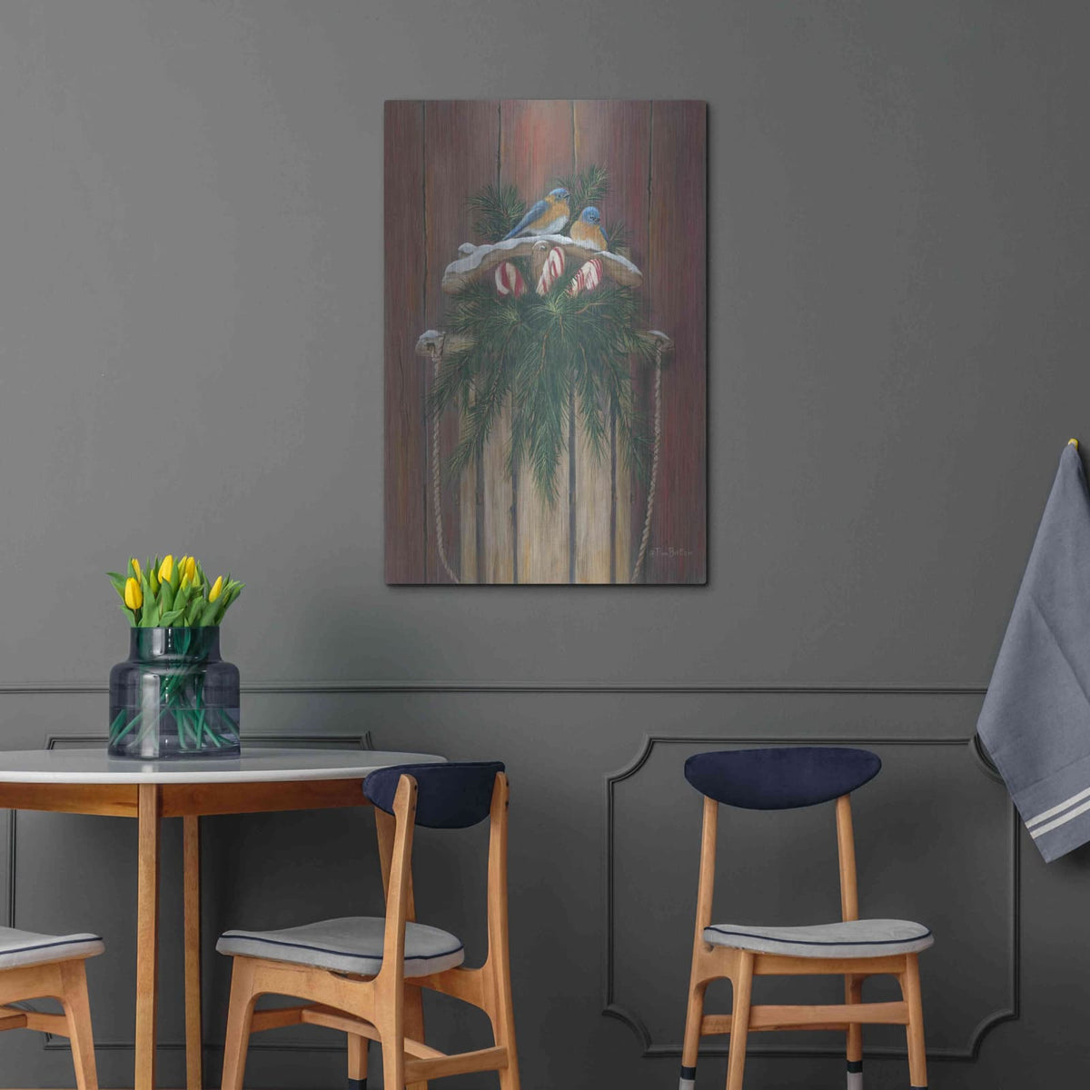 'Bluebirds & Sled' by Pam Britton – Metal Wall Art, 24x36 room view