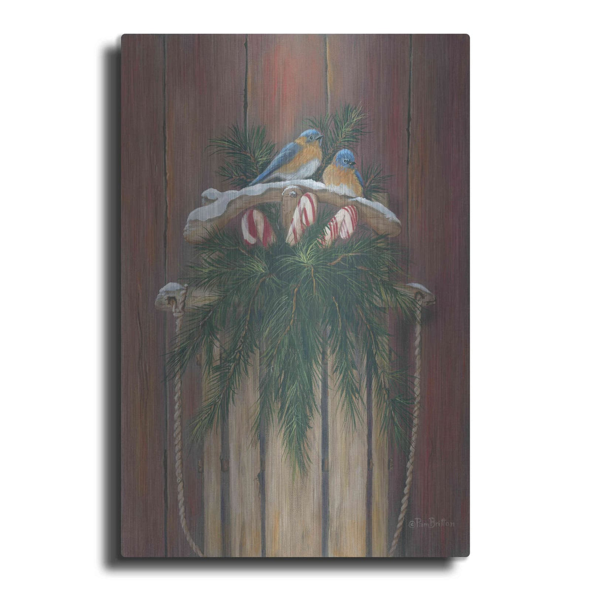 'Bluebirds & Sled' by Pam Britton – Metal Wall Art