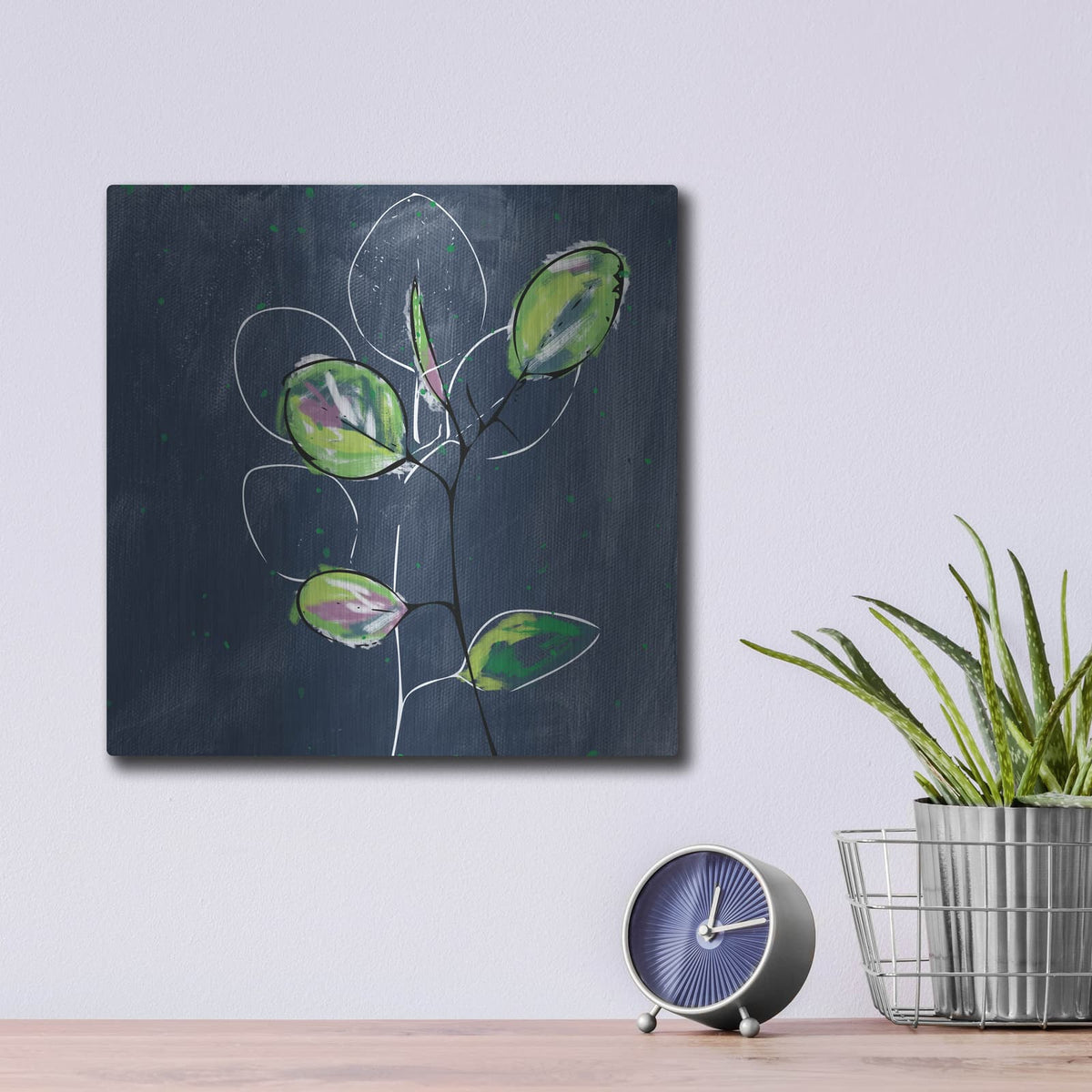 'Eucalyptus on Blue' by Linda Woods – Metal Wall Art, 12x12 room view