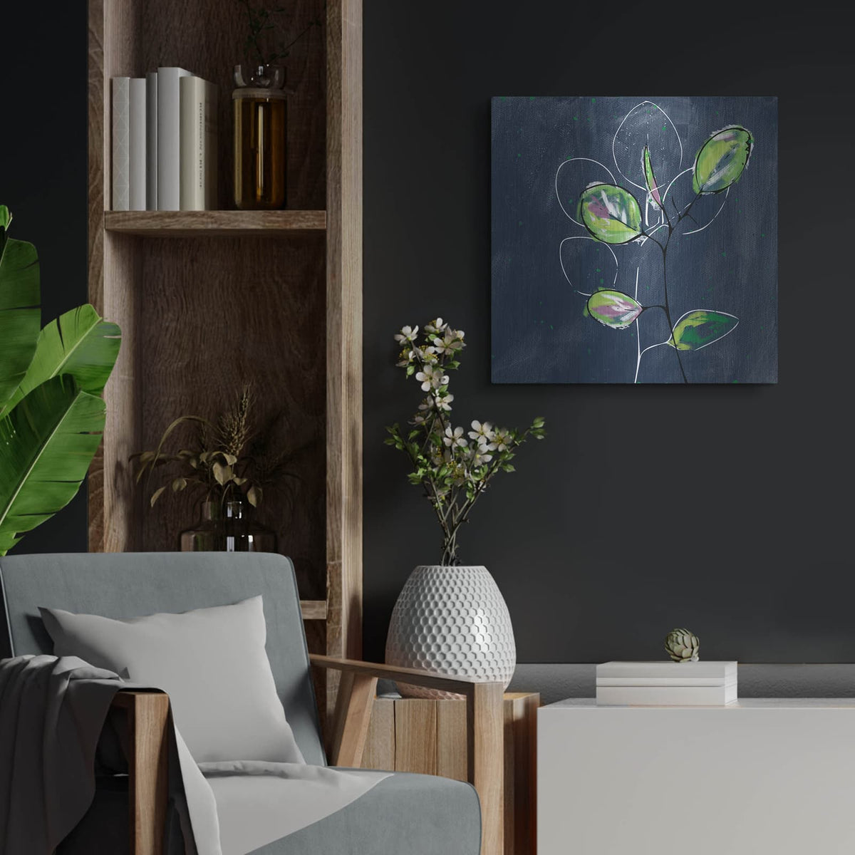 'Eucalyptus on Blue' by Linda Woods – Metal Wall Art, 24x24 room view