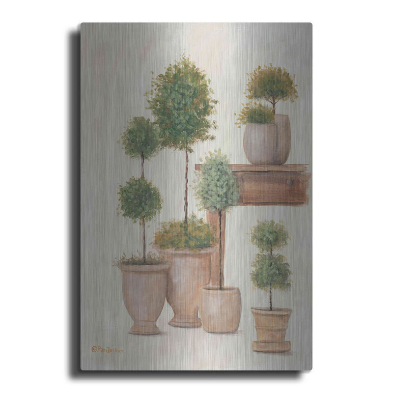 'Potting Bench & Topiaries I' by Pam Britton – Metal Wall Art