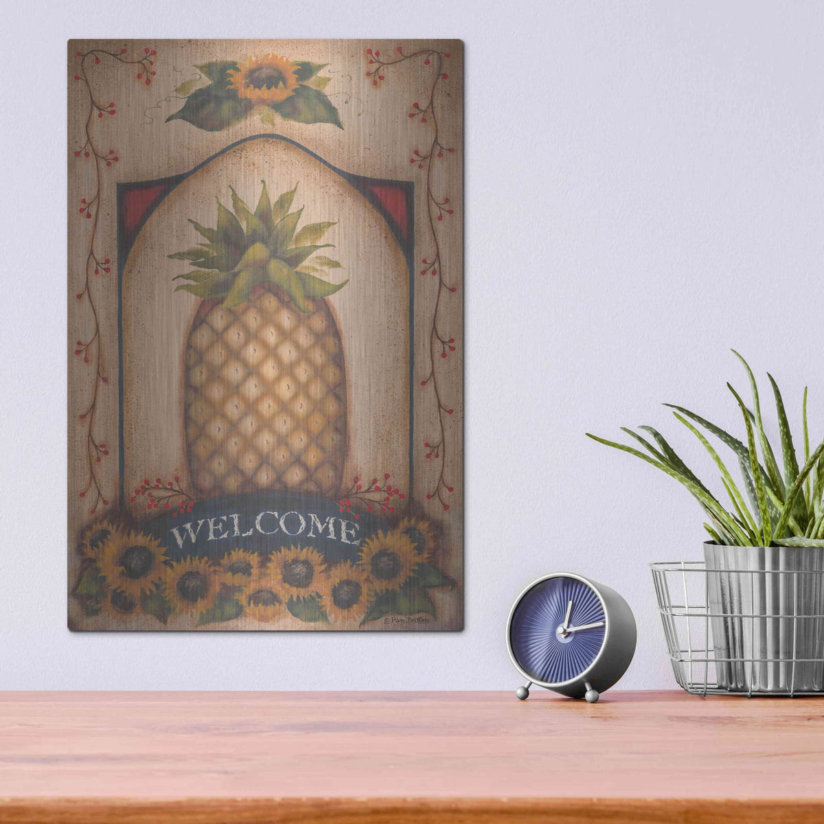 'Welcome Pineapple & Sunflowers' by Pam Britton – Metal Wall Art, 12x16 room view