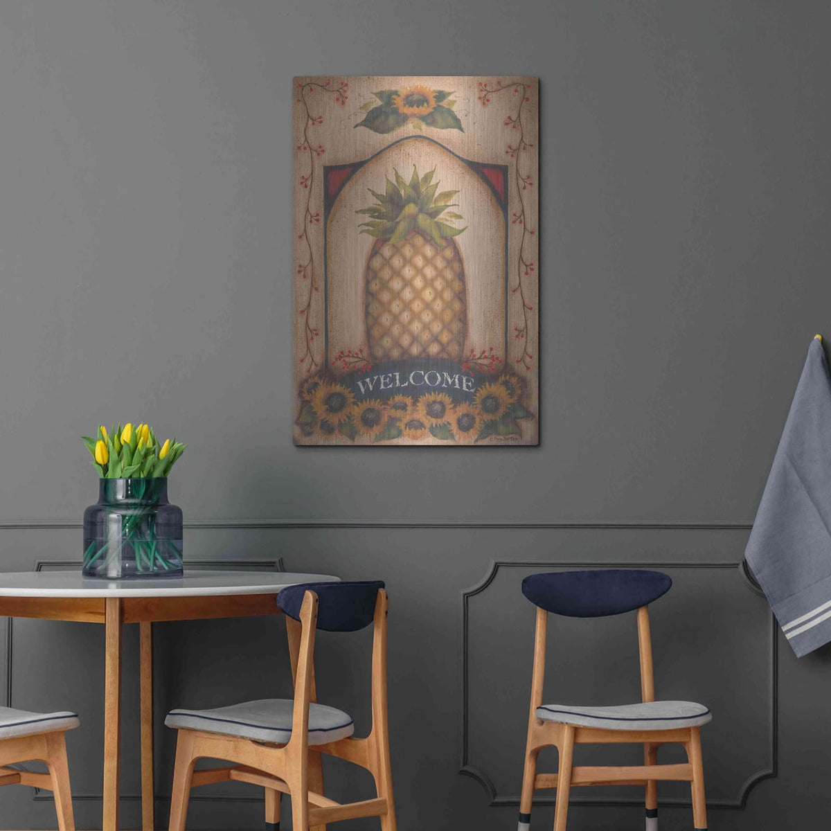 'Welcome Pineapple & Sunflowers' by Pam Britton – Metal Wall Art, 24x36 room view