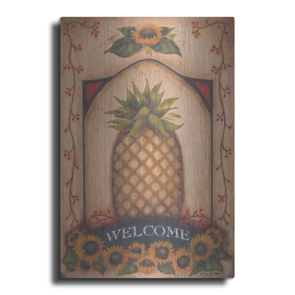 'Welcome Pineapple & Sunflowers' by Pam Britton – Metal Wall Art