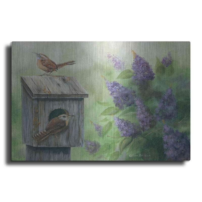'Wrens & Lilacs' by Pam Britton – Metal Wall Art