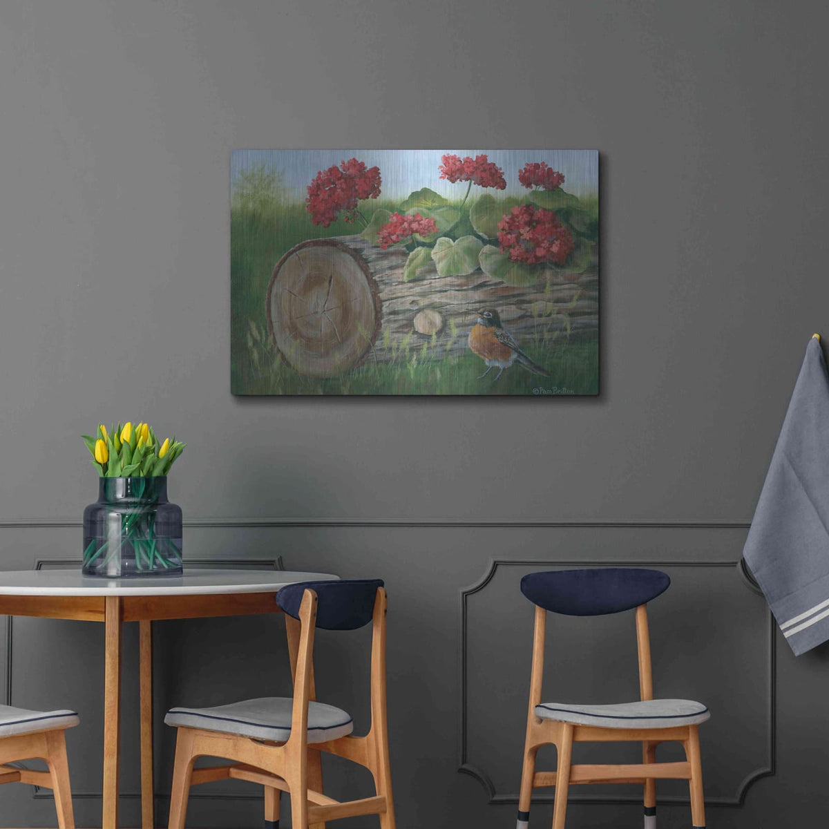'Robin & Germaniums' by Pam Britton – Metal Wall Art, 36x24 room view