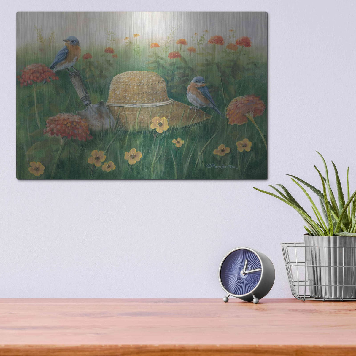 'Bluebirds & Straw Hat' by Pam Britton – Metal Wall Art, 16x12 room view