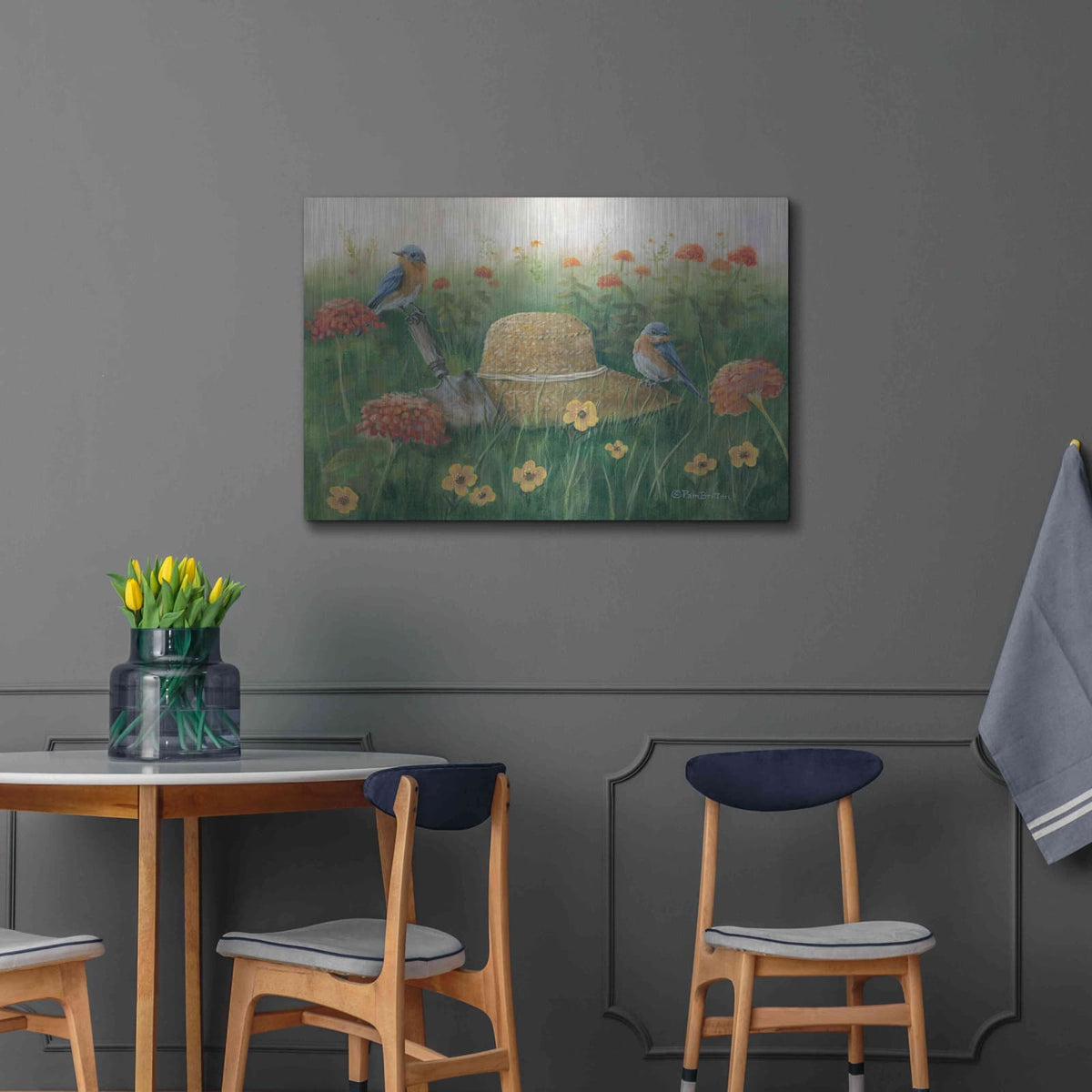 'Bluebirds & Straw Hat' by Pam Britton – Metal Wall Art, 36x24 room view