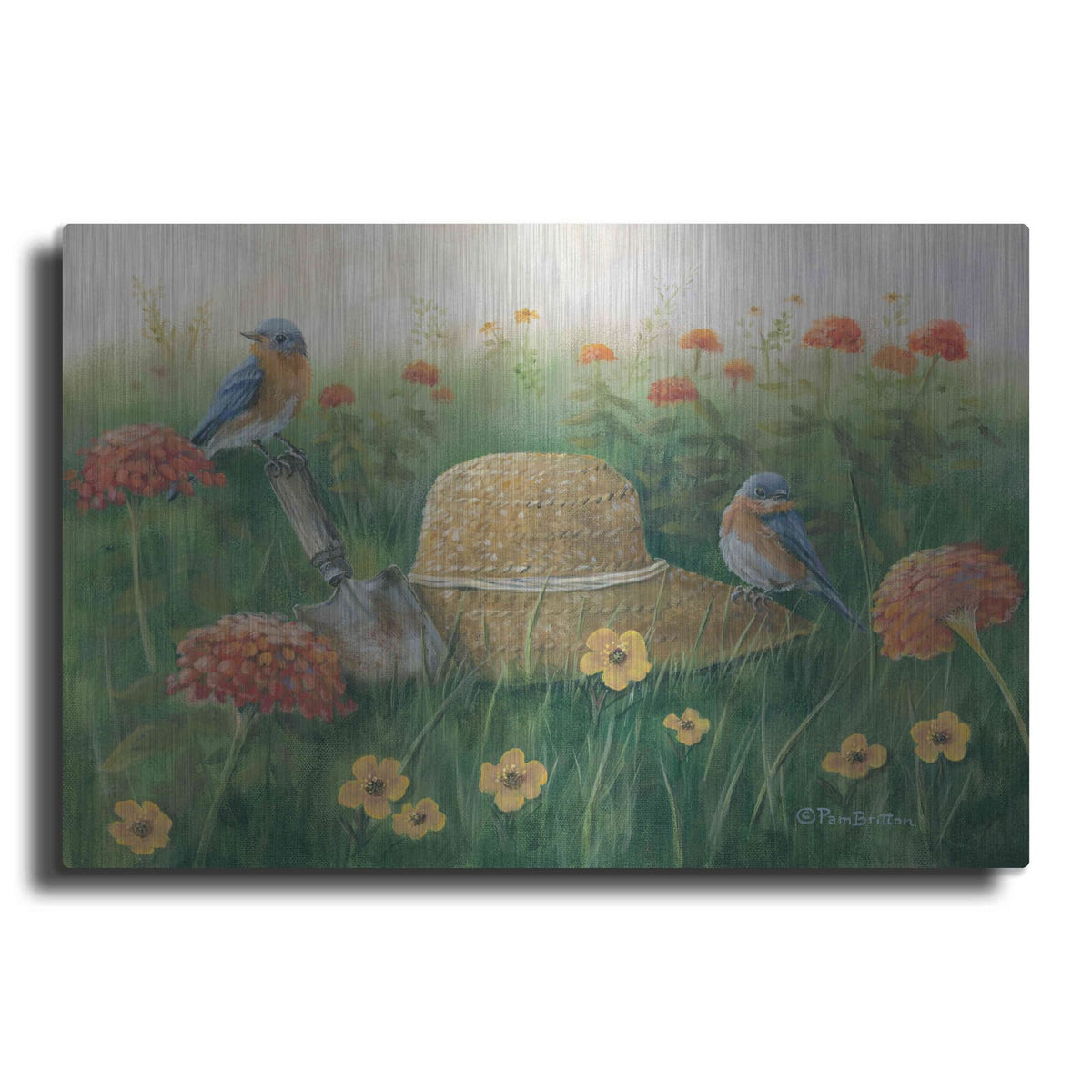 'Bluebirds & Straw Hat' by Pam Britton – Metal Wall Art