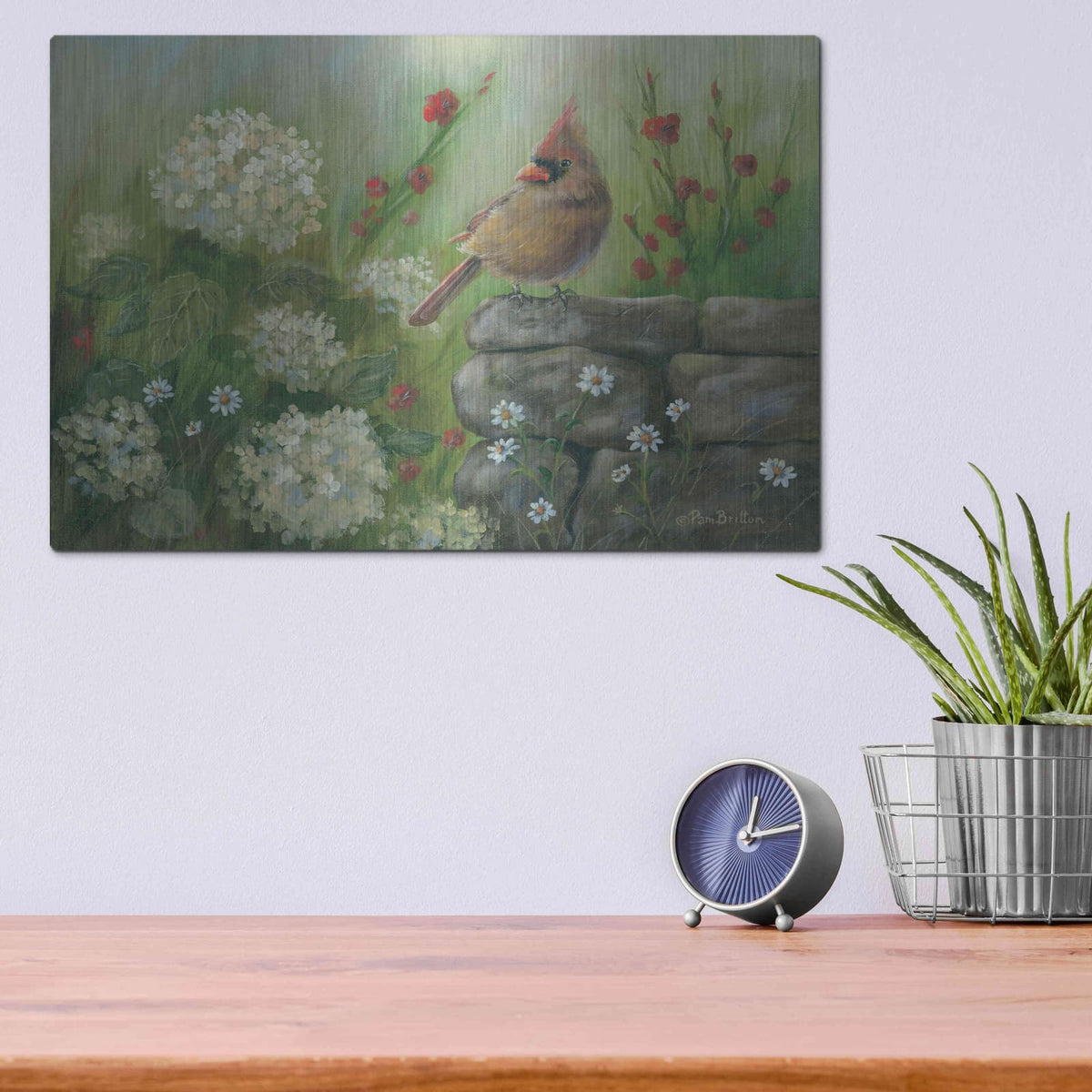 'Cardinal & Hydrangeas' by Pam Britton – Metal Wall Art, 16x12 room view