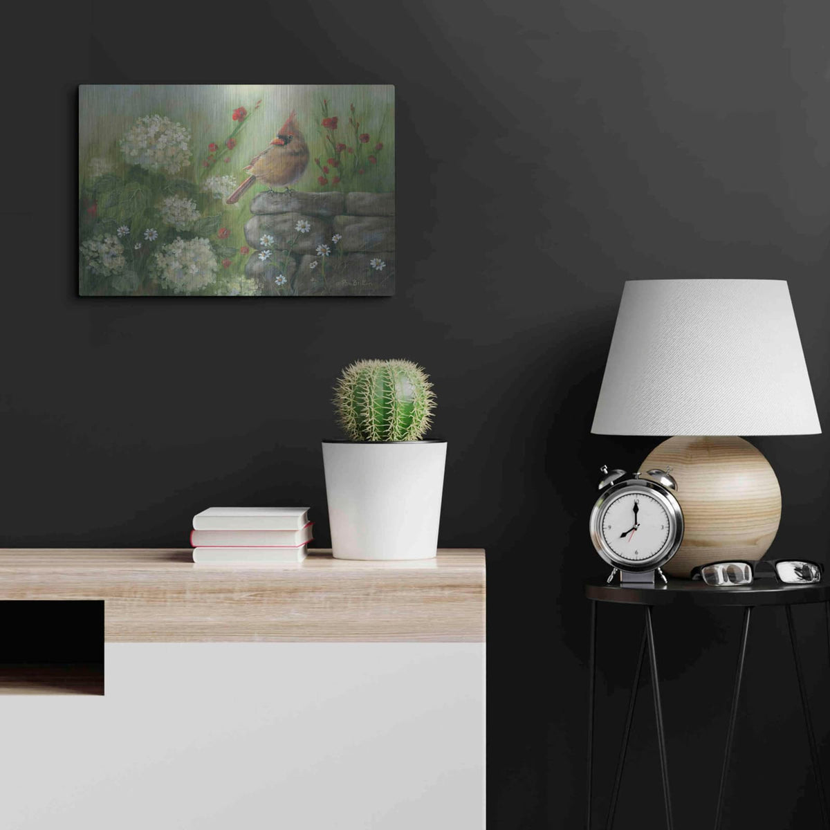'Cardinal & Hydrangeas' by Pam Britton – Metal Wall Art, 24x16 room view
