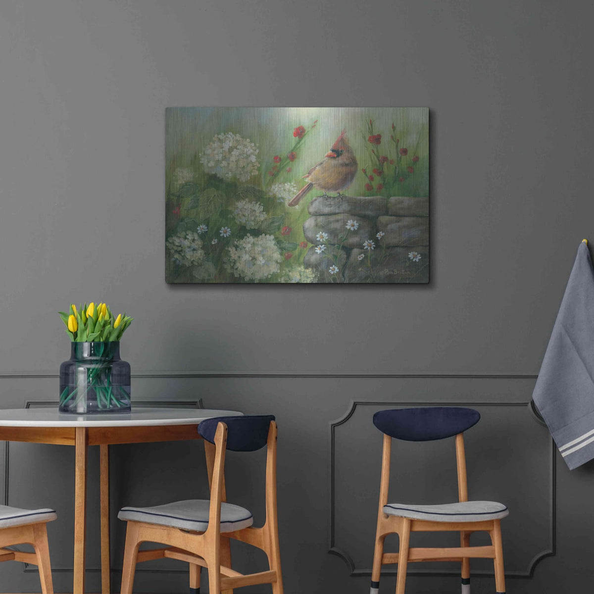 'Cardinal & Hydrangeas' by Pam Britton – Metal Wall Art, 36x24 room view