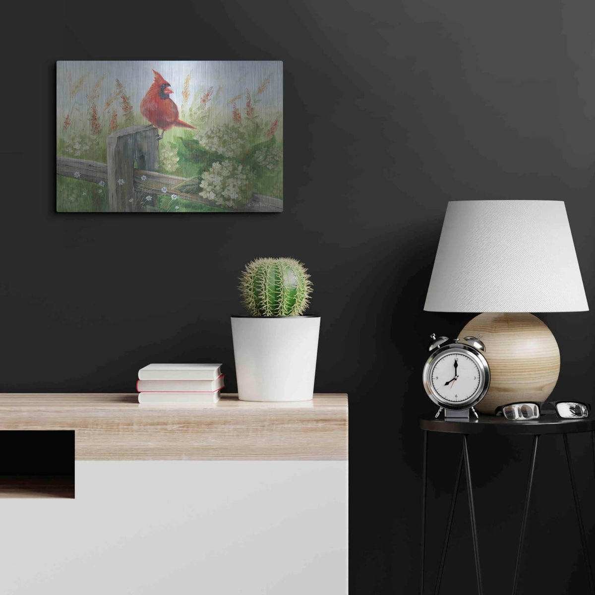 'Cardinal on Fence' by Pam Britton – Metal Wall Art, 24x16 room view