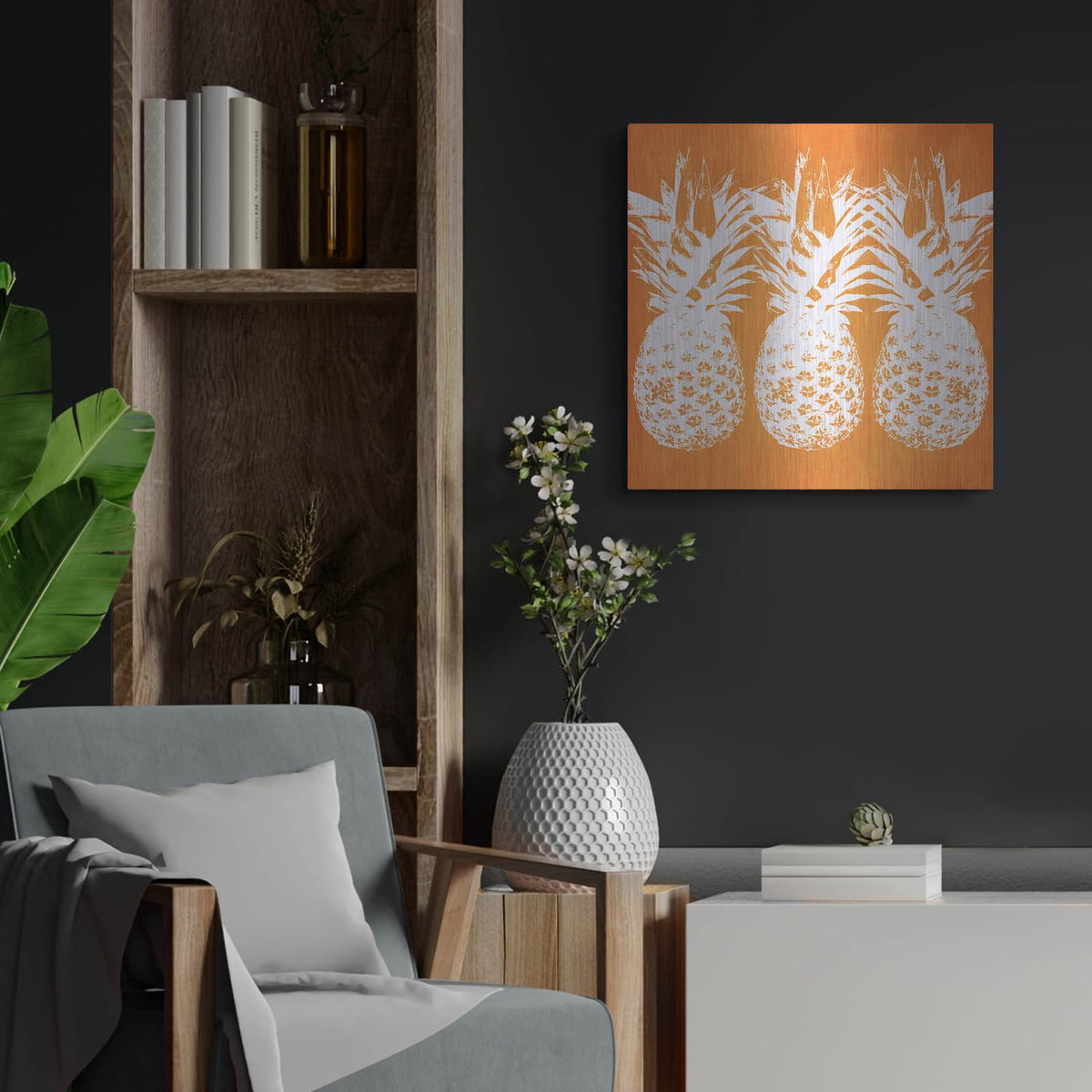 'Orange Pineapples' by Linda Woods – Metal Wall Art, 24x24 room view