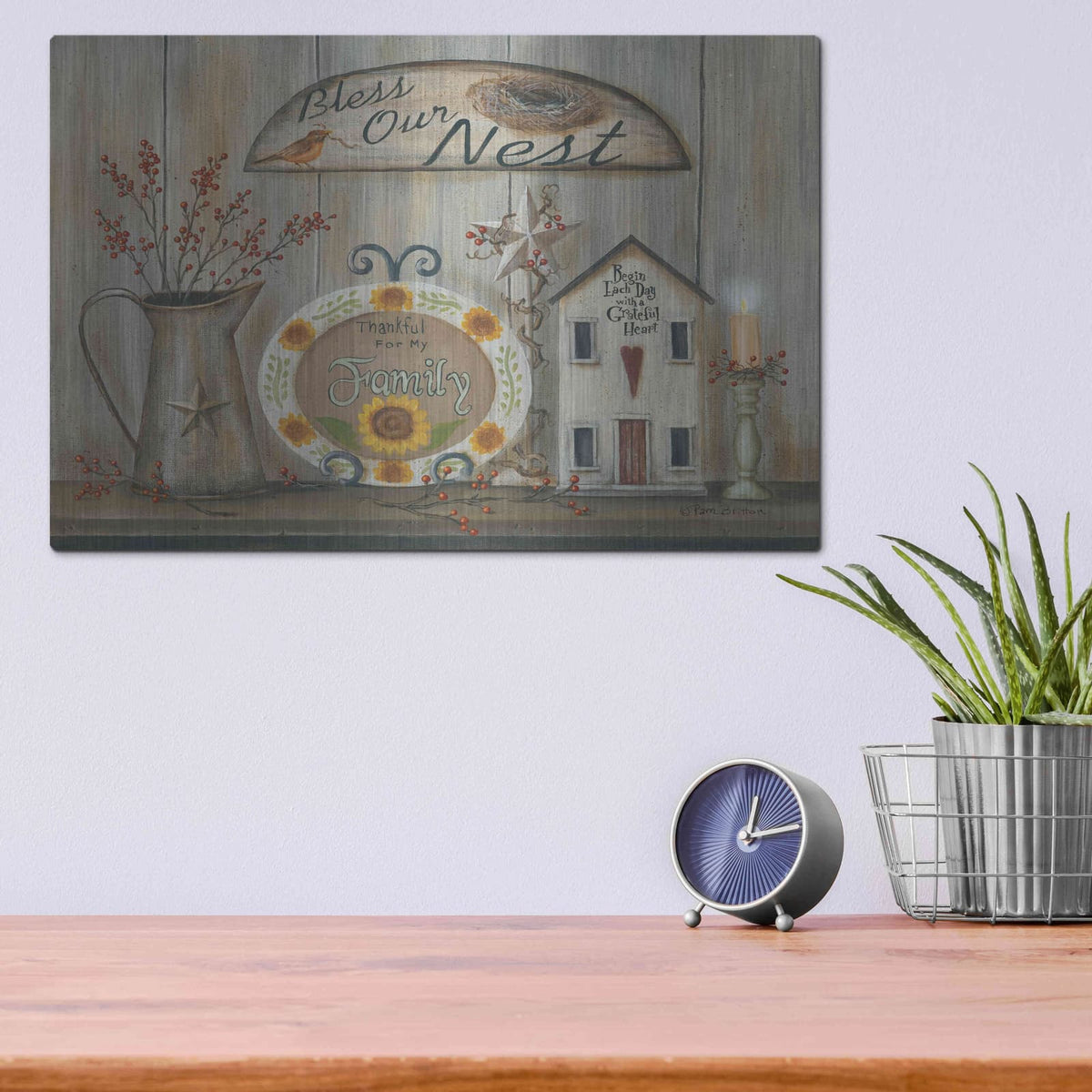 'Bless Our Nest Country Shelf' by Pam Britton – Metal Wall Art, 16x12 room view