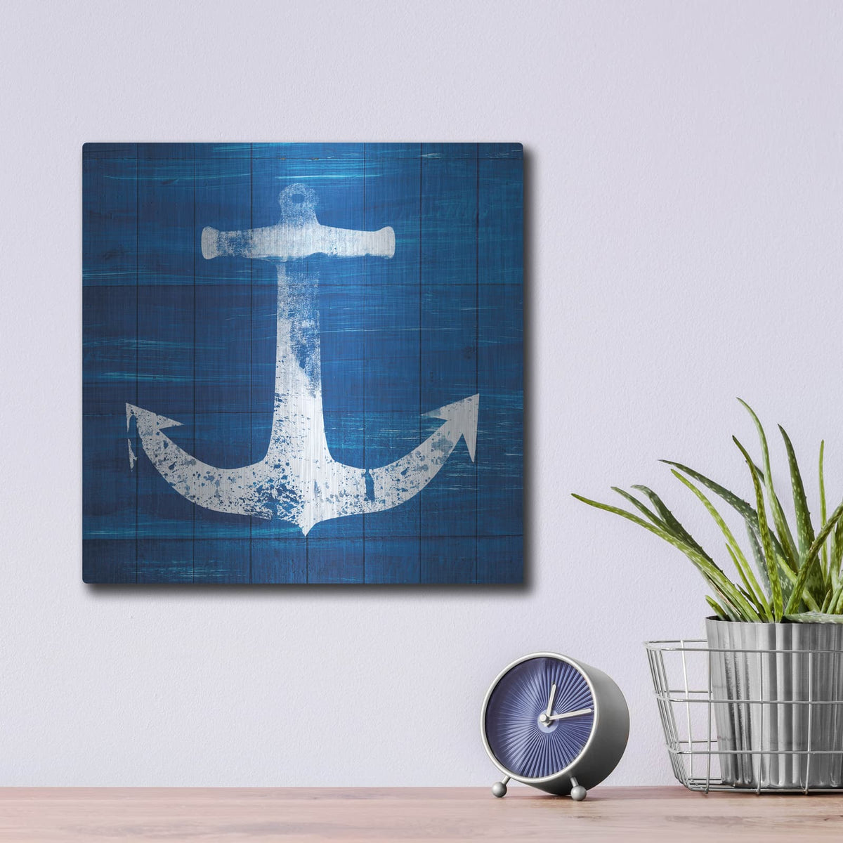 'Blue and White Anchor' by Linda Woods – Metal Wall Art, 12x12 room view