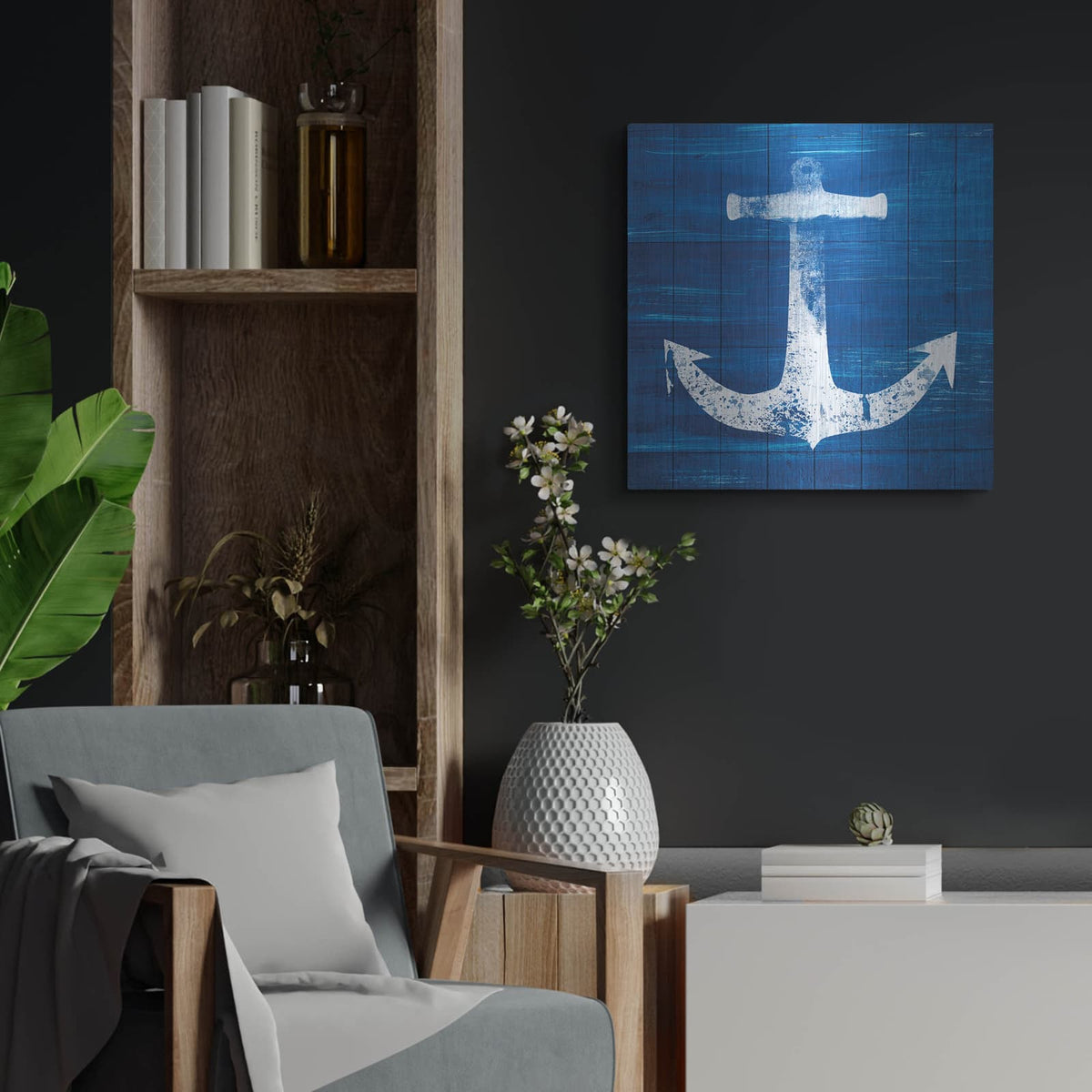 'Blue and White Anchor' by Linda Woods – Metal Wall Art, 24x24 room view