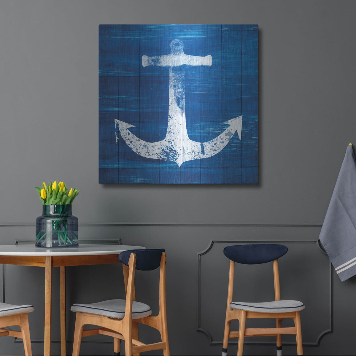 'Blue and White Anchor' by Linda Woods – Metal Wall Art, 36x36 room view