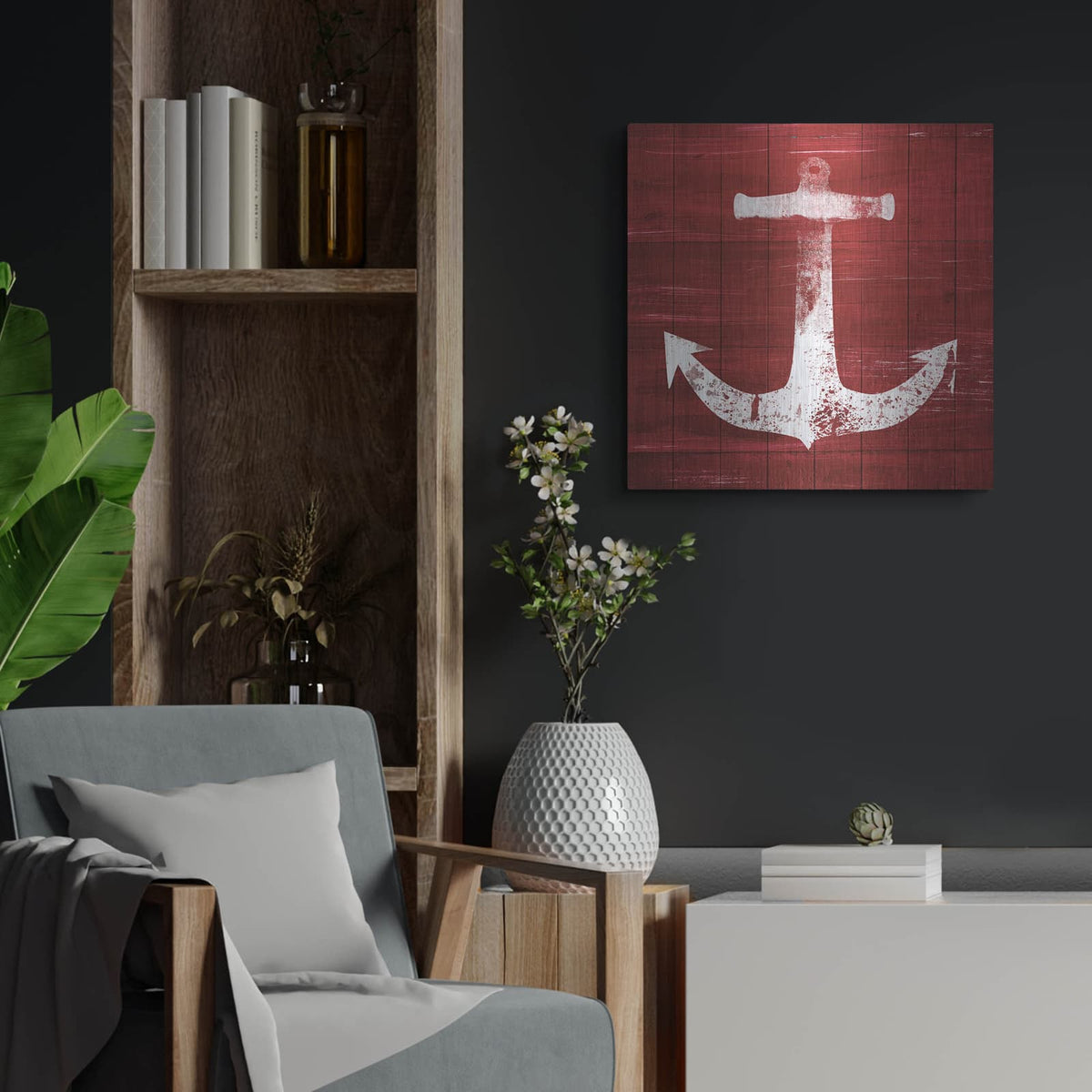 'Red and White Anchor' by Linda Woods – Metal Wall Art, 24x24 room view
