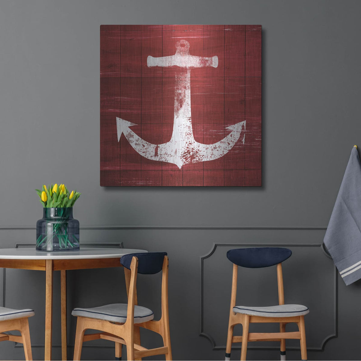 'Red and White Anchor' by Linda Woods – Metal Wall Art, 36x36 room view
