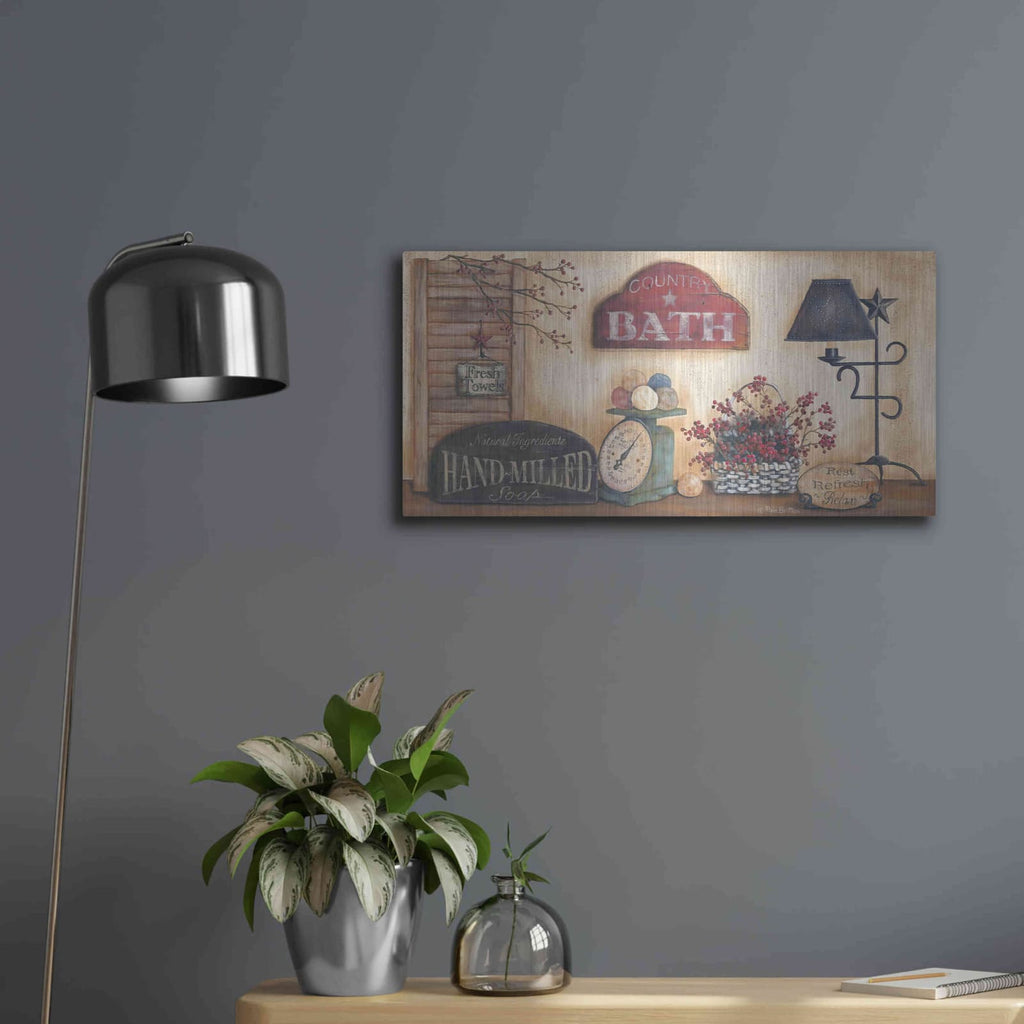 'Country Bath, Rest-Refresh-Relax' by Pam Britton – Metal Wall Art, 24x12 room view
