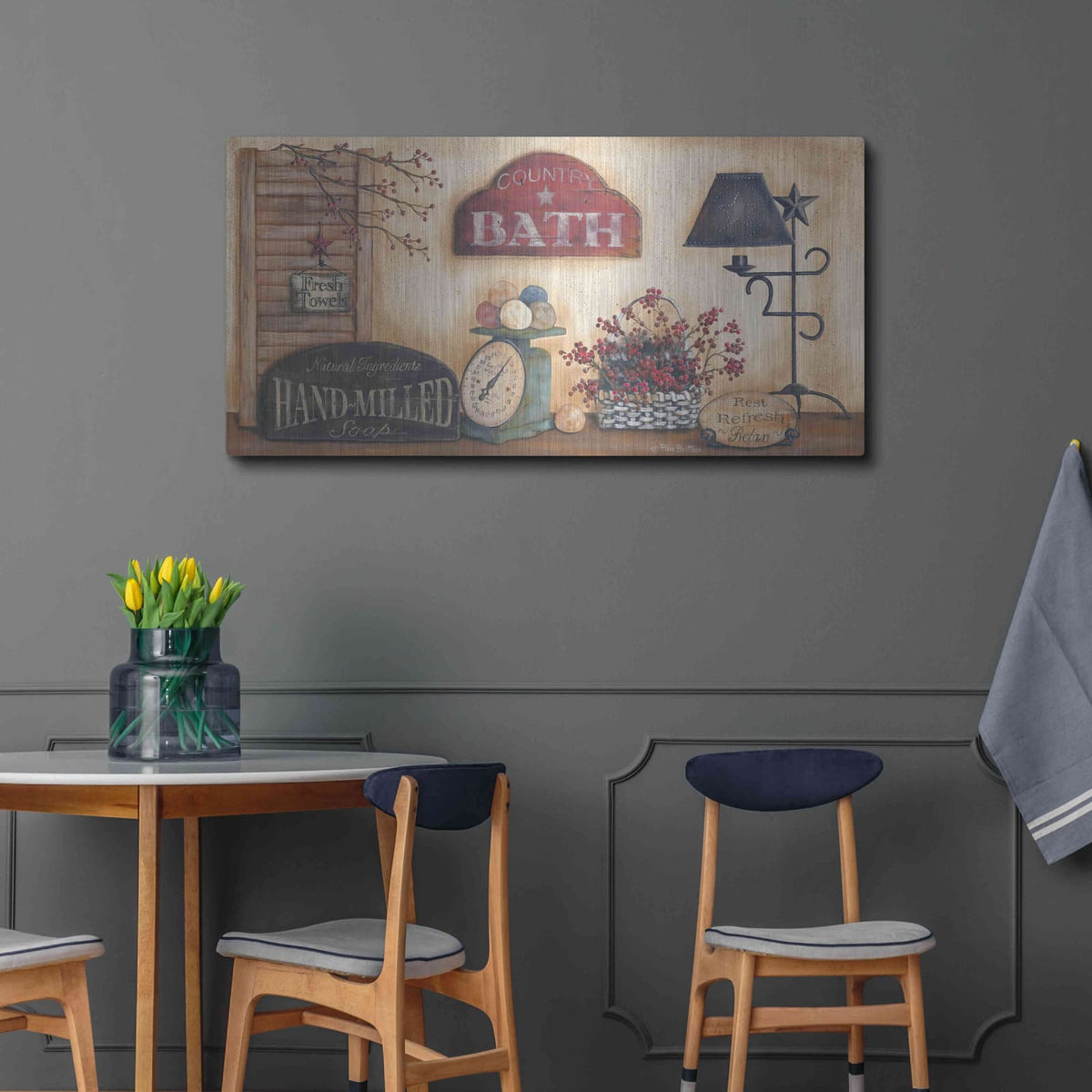 'Country Bath, Rest-Refresh-Relax' by Pam Britton – Metal Wall Art, 48x24 room view