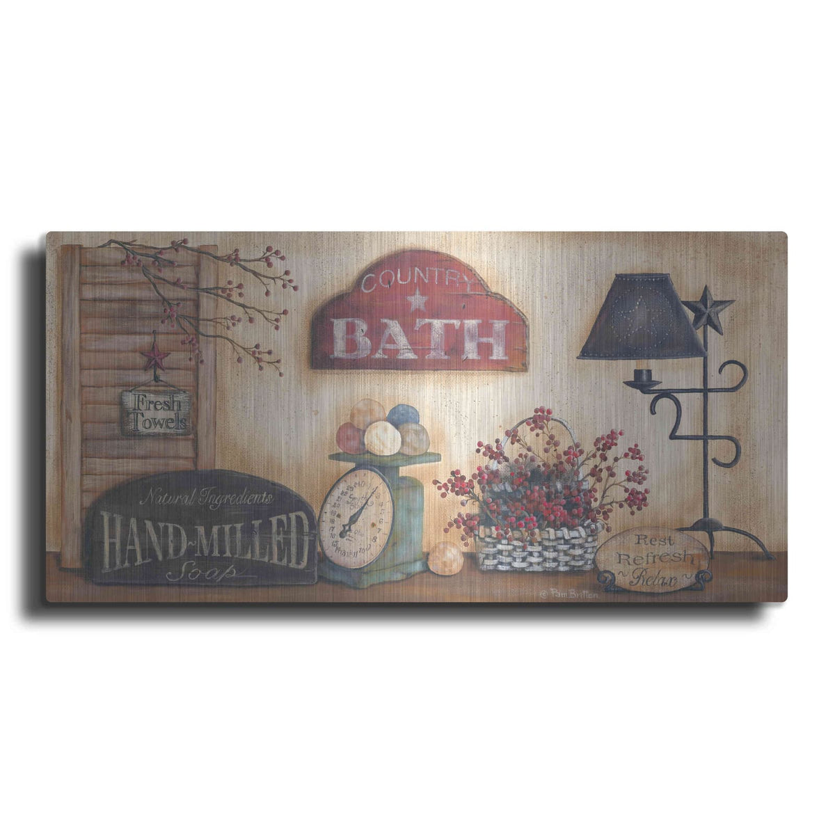 'Country Bath, Rest-Refresh-Relax' by Pam Britton – Metal Wall Art