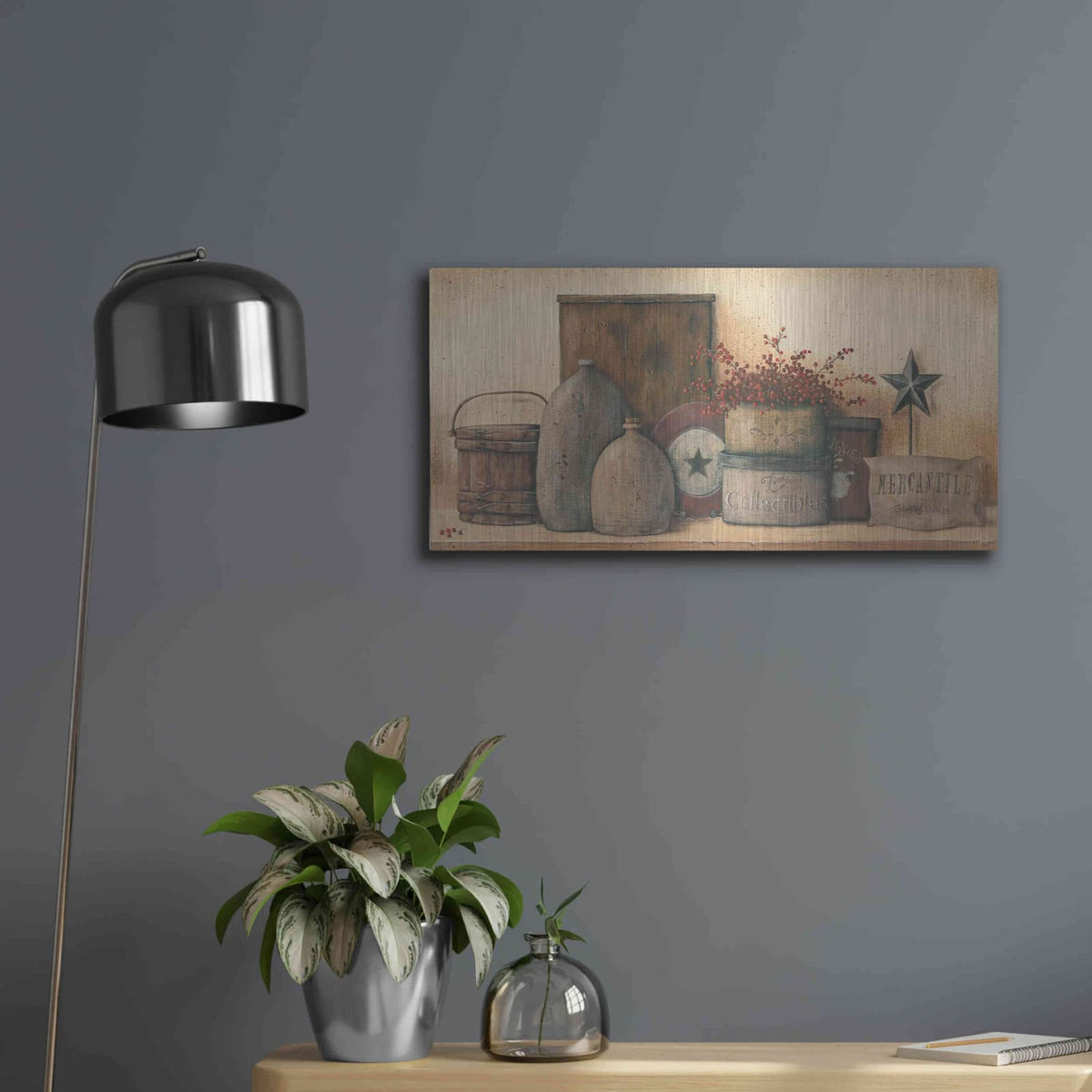 'Antique Treasures I' by Pam Britton – Metal Wall Art, 24x12 room view