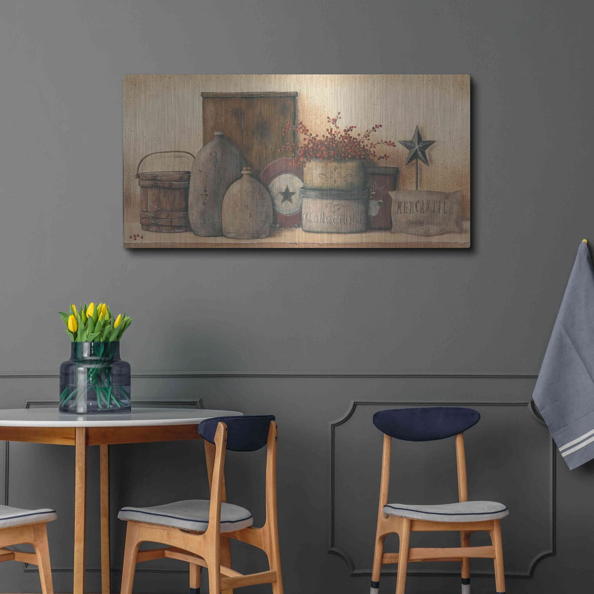 'Antique Treasures I' by Pam Britton – Metal Wall Art, 48x24 room view