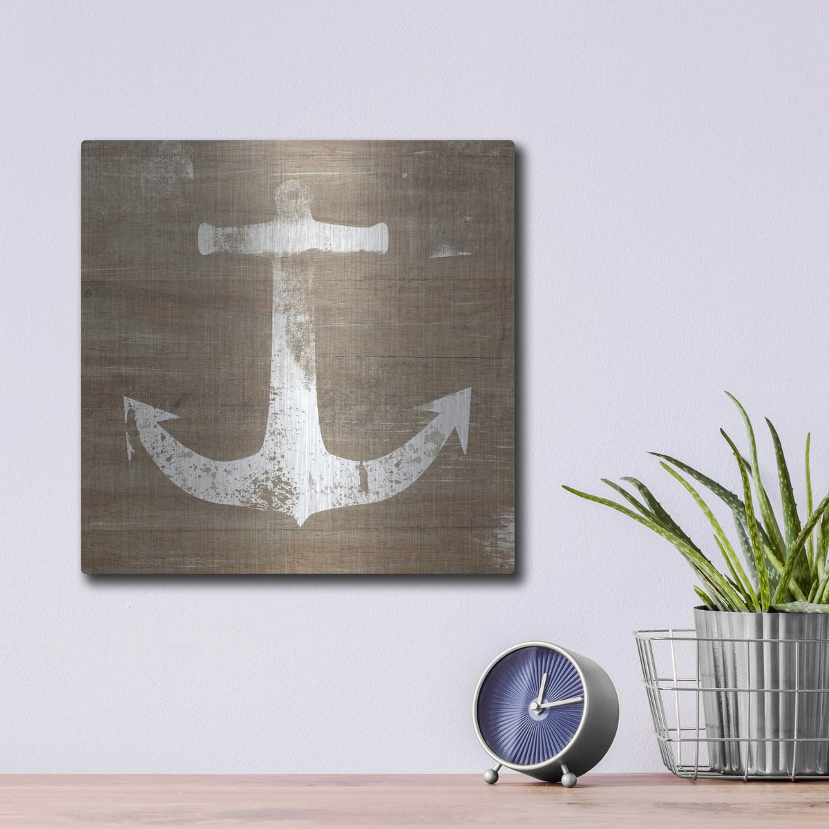'White Anchor on Natural' by Linda Woods – Metal Wall Art, 12x12 room view