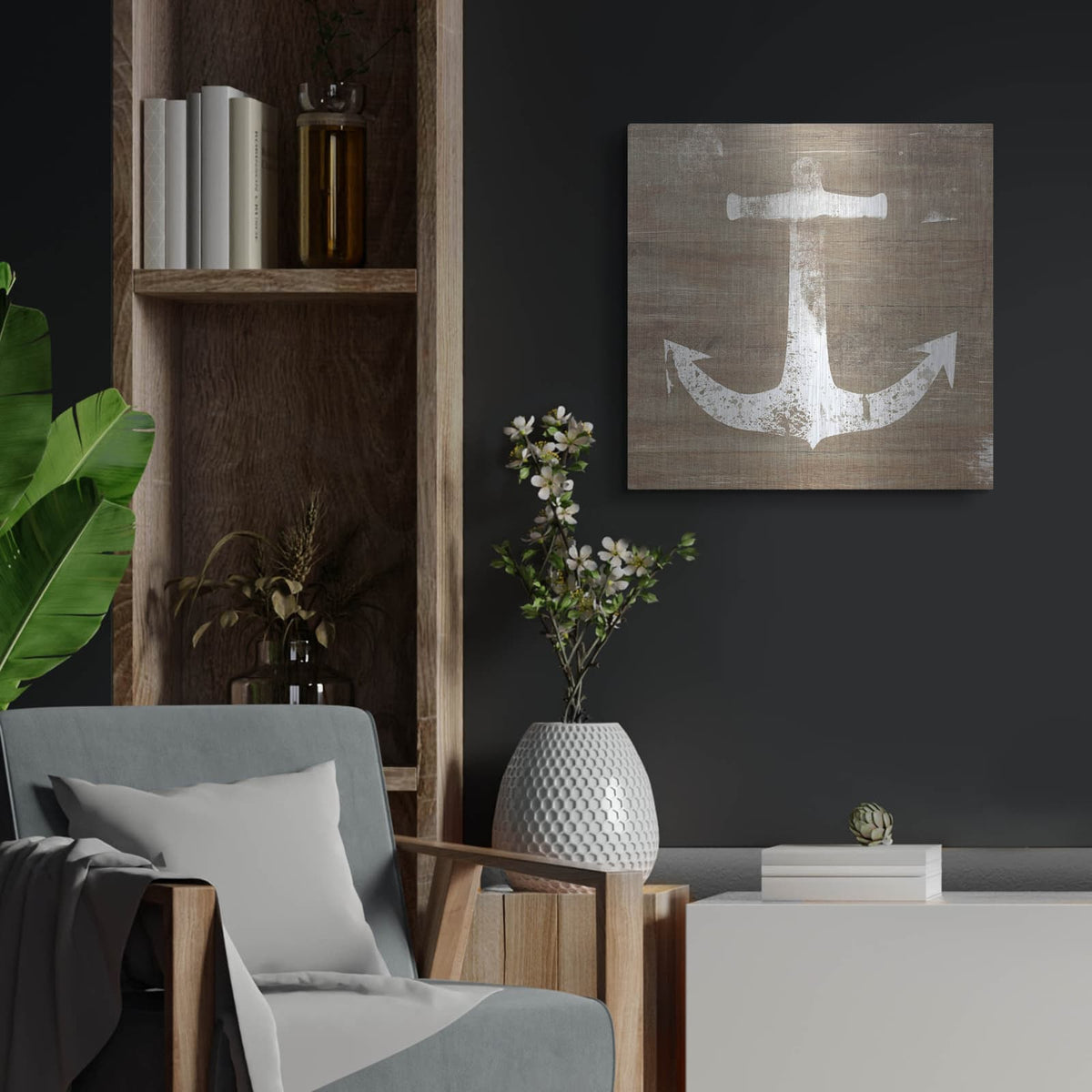 'White Anchor on Natural' by Linda Woods – Metal Wall Art, 24x24 room view