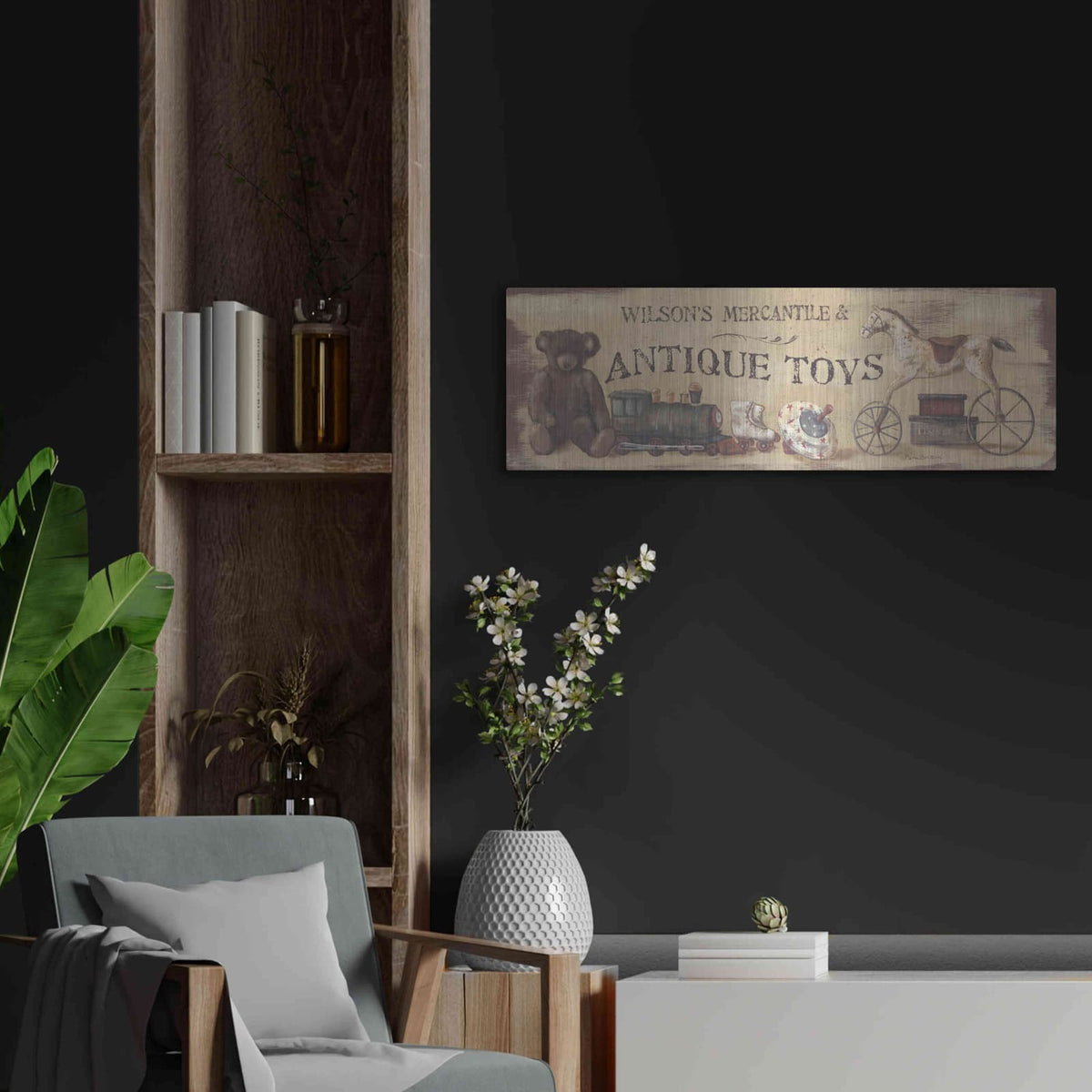 'Vintage Toys' by Pam Britton – Metal Wall Art, 36x12 room view