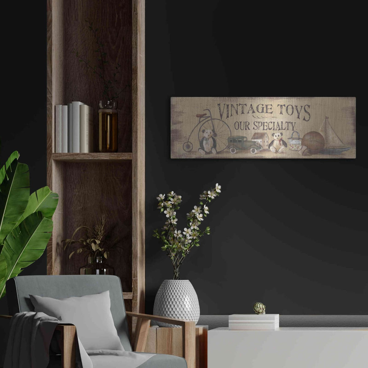 'Antique Toys' by Pam Britton – Metal Wall Art, 36x12 room view