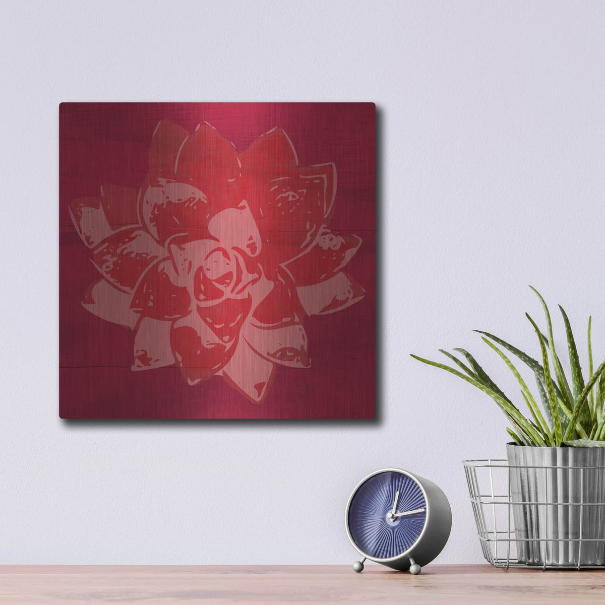 'Boho Succulent Red' by Linda Woods – Metal Wall Art, 12x12 room view