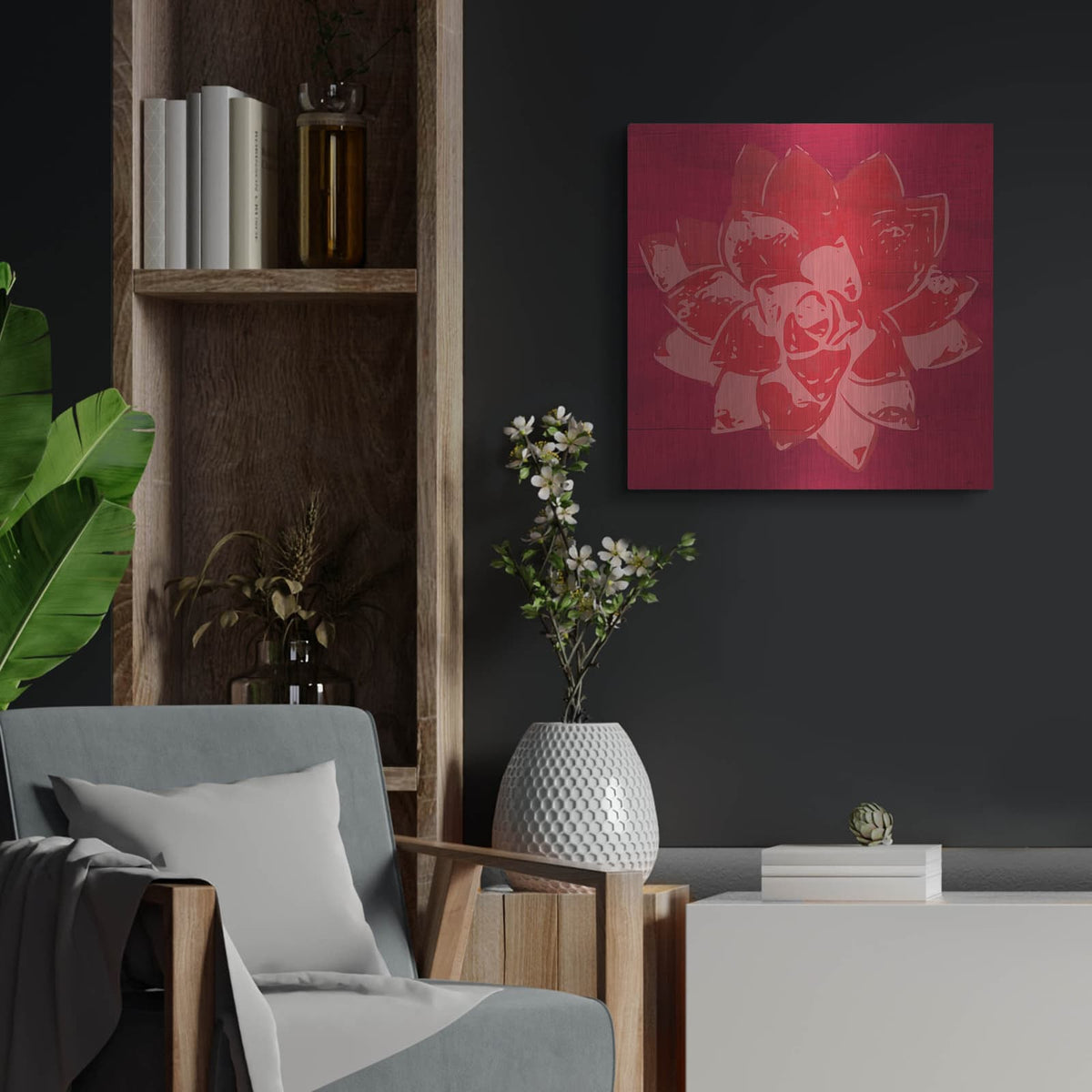 'Boho Succulent Red' by Linda Woods – Metal Wall Art, 24x24 room view