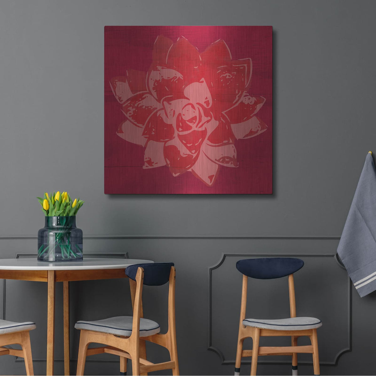 'Boho Succulent Red' by Linda Woods – Metal Wall Art, 36x36 room view