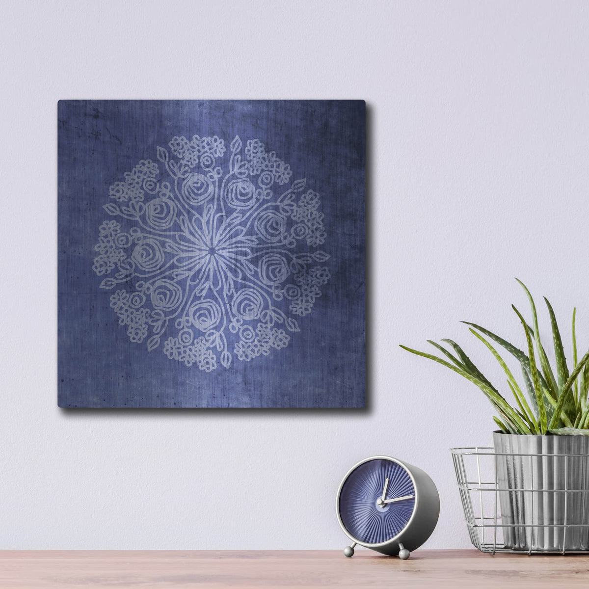 'Indigo Mandala 2' by Linda Woods – Metal Wall Art, 12x12 room view