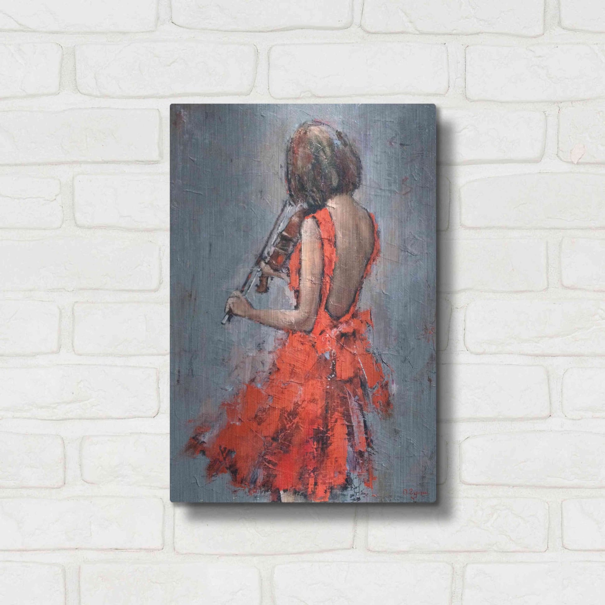 Luxe Metal Art 'Violinist in Red' by Alexander Gunin, Metal Wall Art,12x16