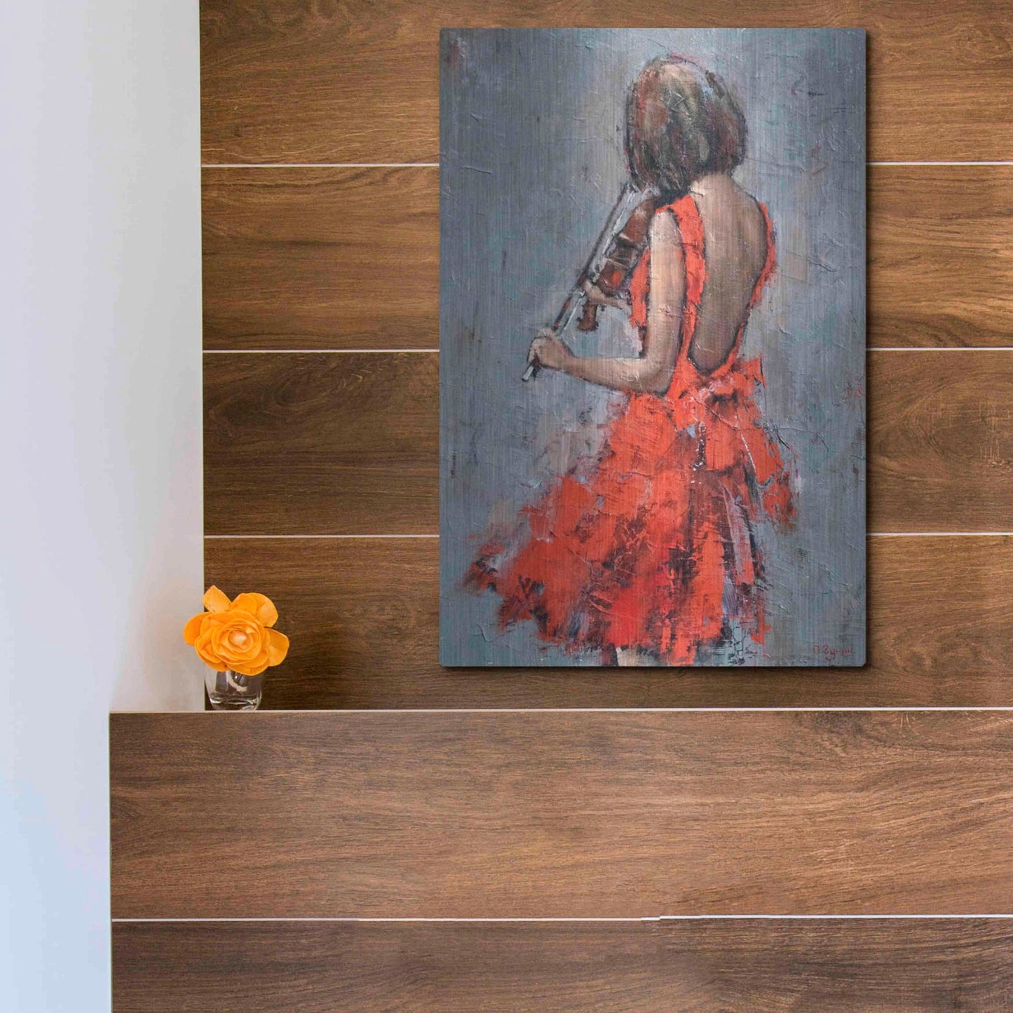 Luxe Metal Art 'Violinist in Red' by Alexander Gunin, Metal Wall Art,12x16