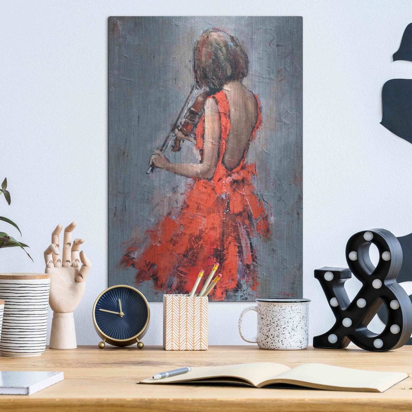 Luxe Metal Art 'Violinist in Red' by Alexander Gunin, Metal Wall Art,12x16