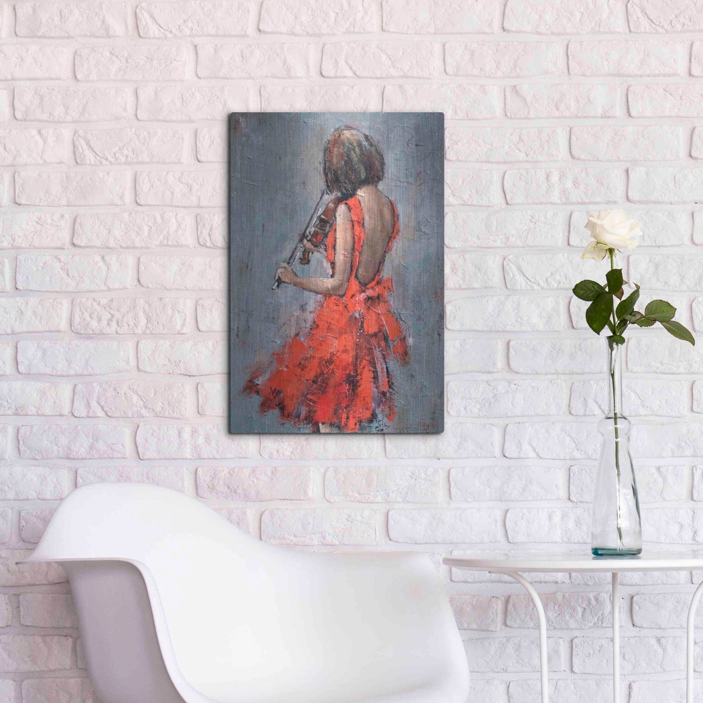 Luxe Metal Art 'Violinist in Red' by Alexander Gunin, Metal Wall Art,16x24