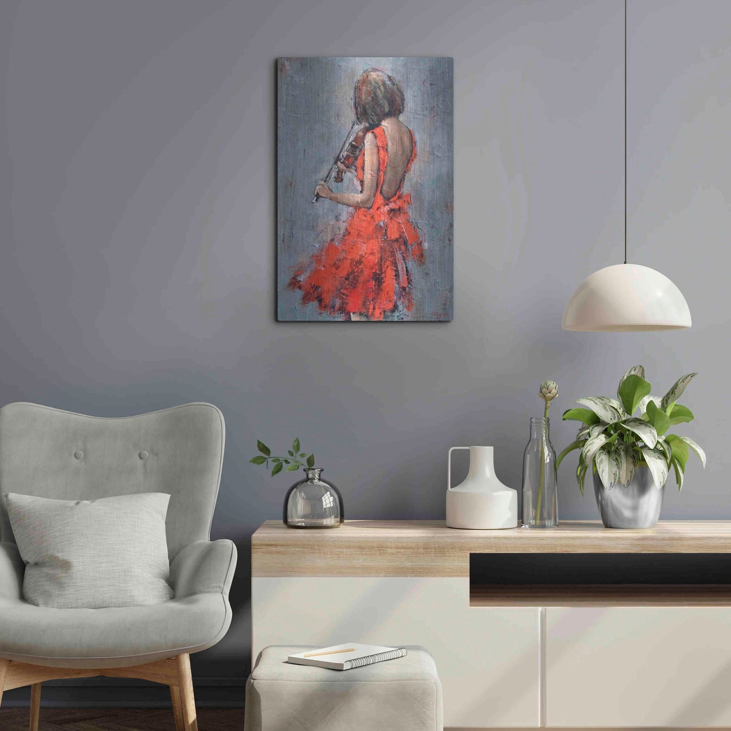 Luxe Metal Art 'Violinist in Red' by Alexander Gunin, Metal Wall Art,16x24