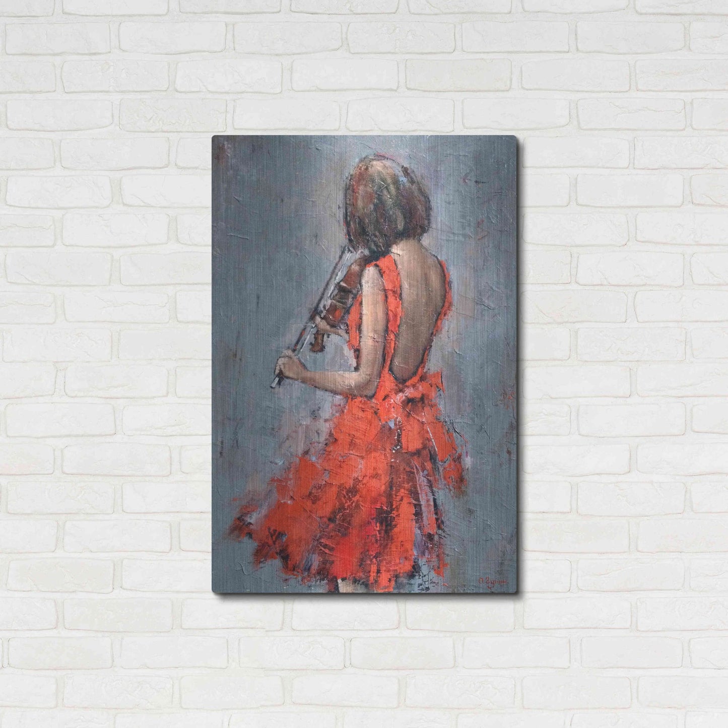 Luxe Metal Art 'Violinist in Red' by Alexander Gunin, Metal Wall Art,24x36