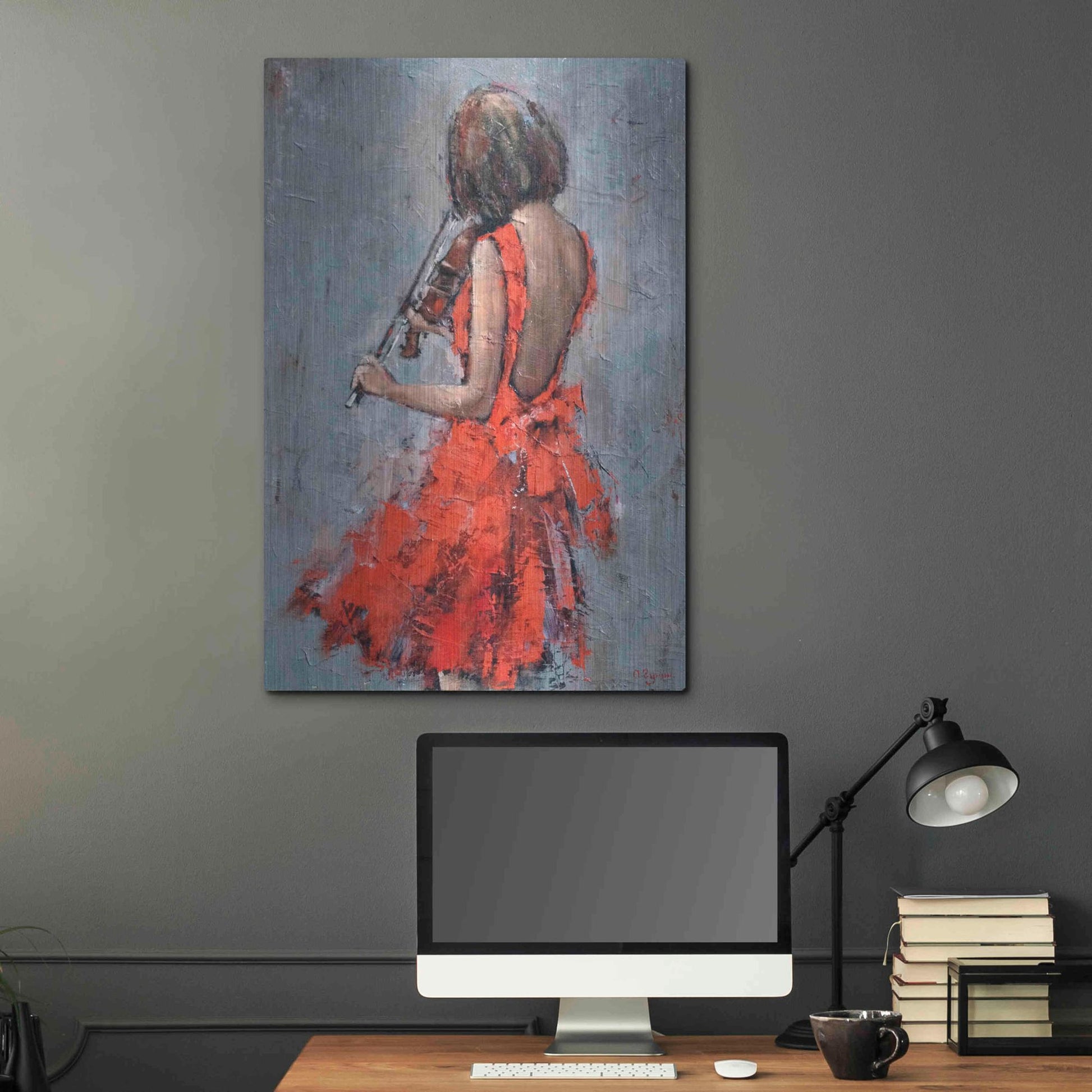 Luxe Metal Art 'Violinist in Red' by Alexander Gunin, Metal Wall Art,24x36