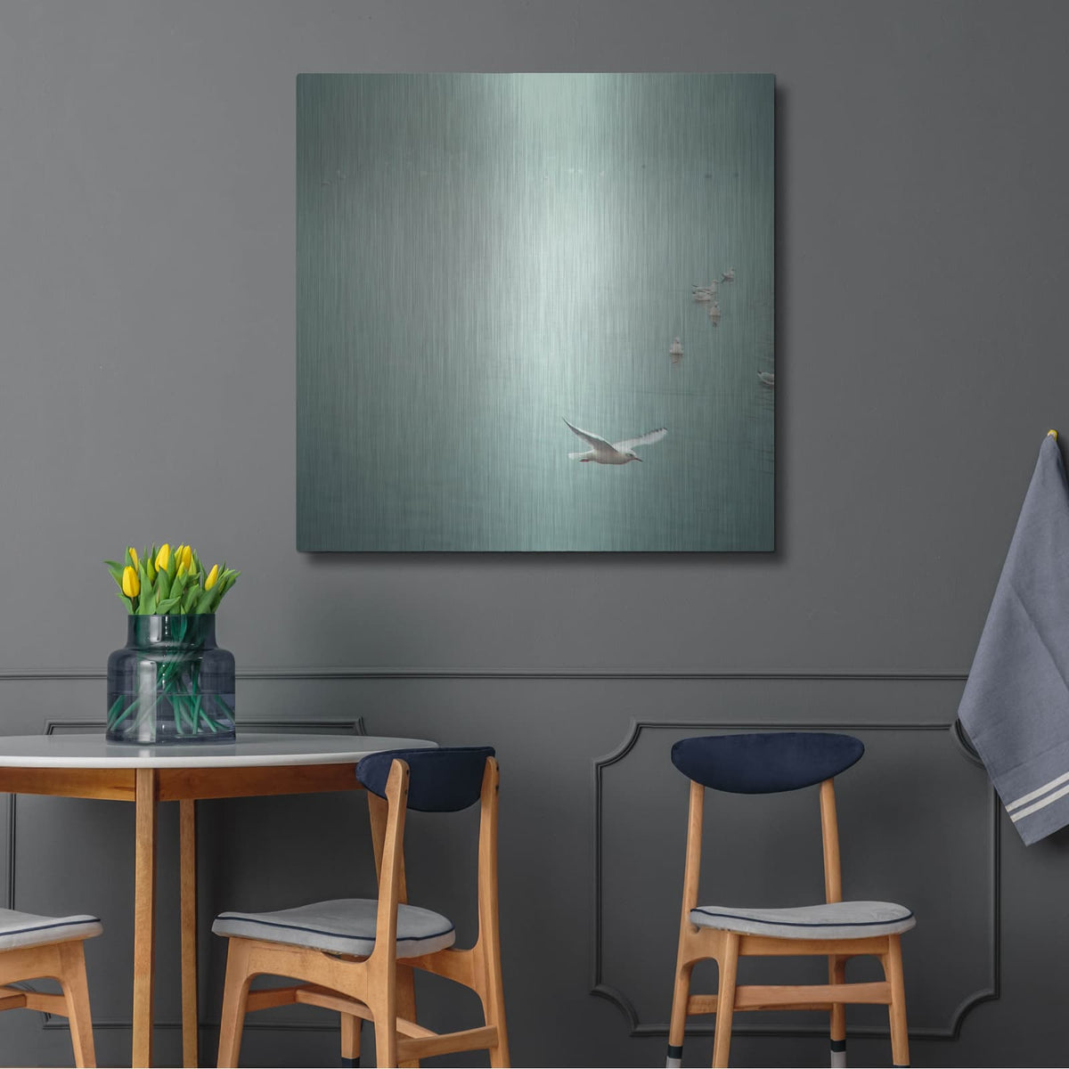'Soul Birds Harbor Gray' by Keri Bevan – Metal Wall Art, 36x36 room view
