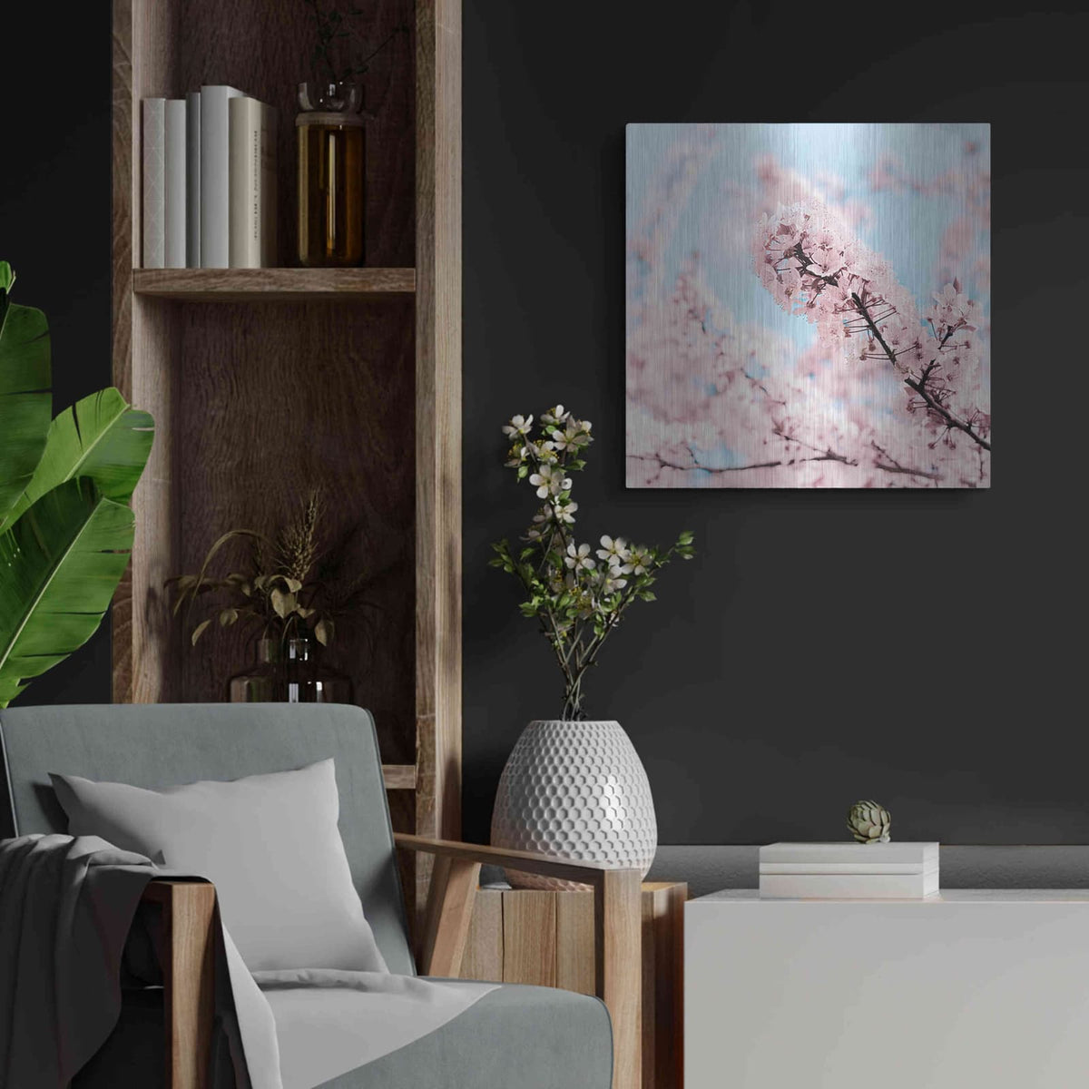 'Cherry Blossom Clouds' by Keri Bevan – Metal Wall Art, 24x24 room view