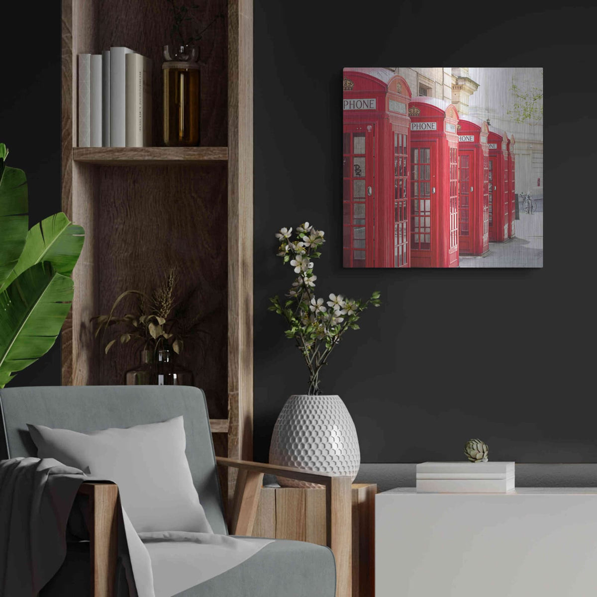 'Covent Garden Phone Boxes' by Keri Bevan – Metal Wall Art, 24x24 room view